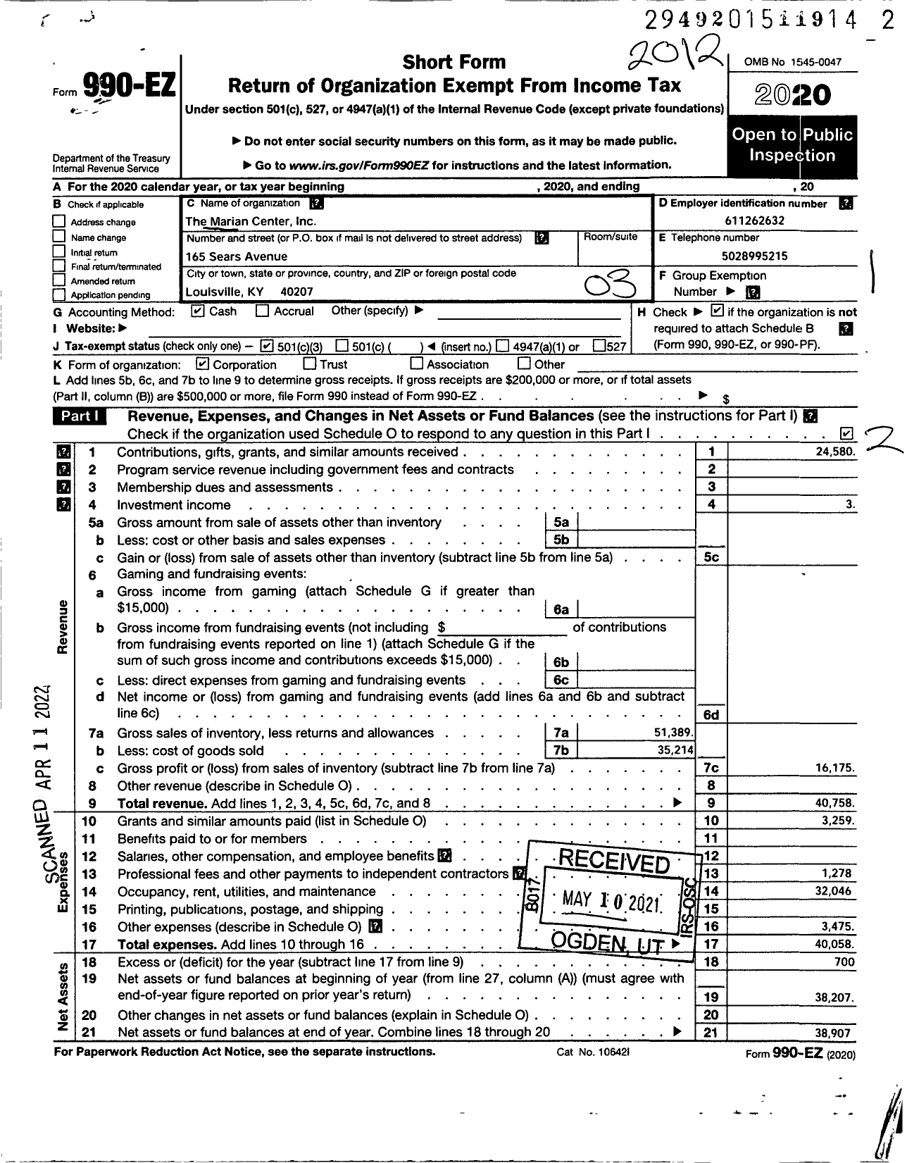 Image of first page of 2020 Form 990EZ for Marian Center