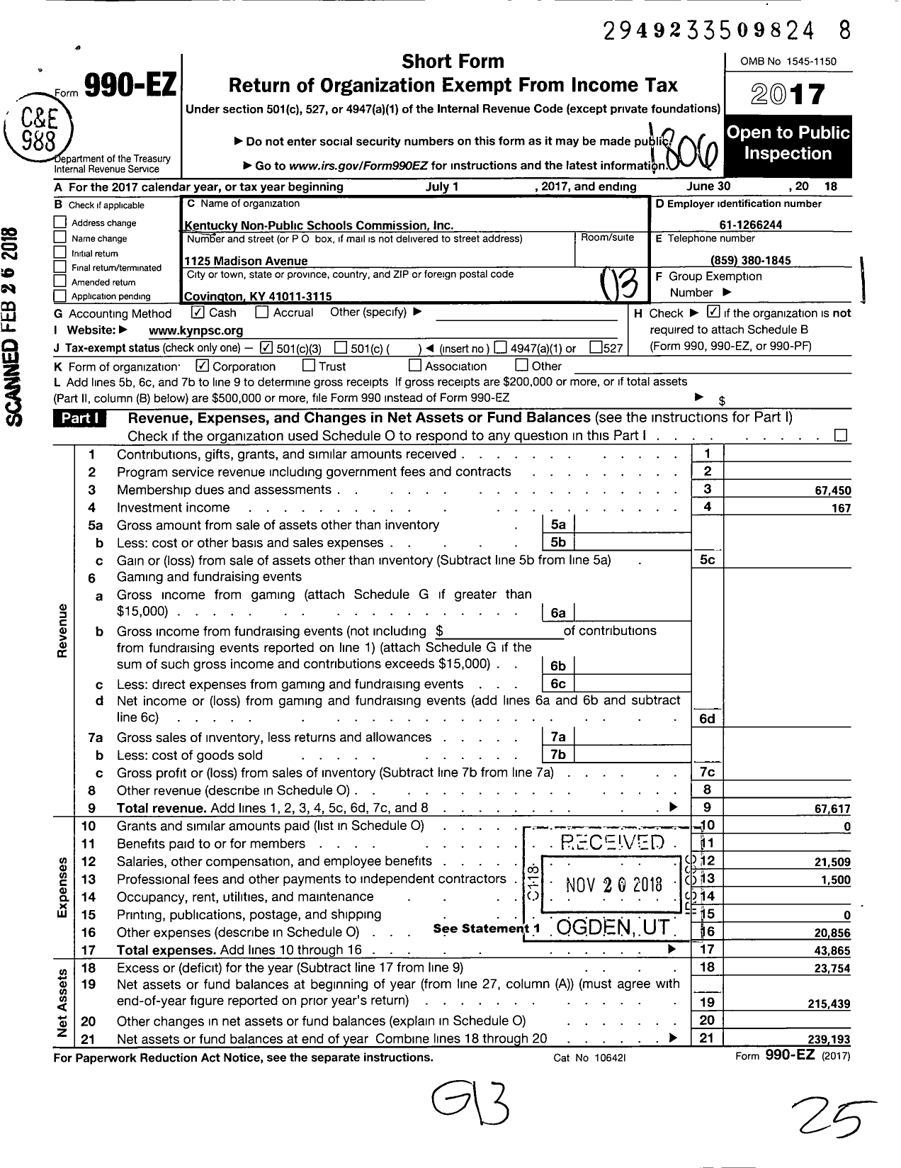Image of first page of 2017 Form 990EZ for Kentucky Non-Public Schools Commission