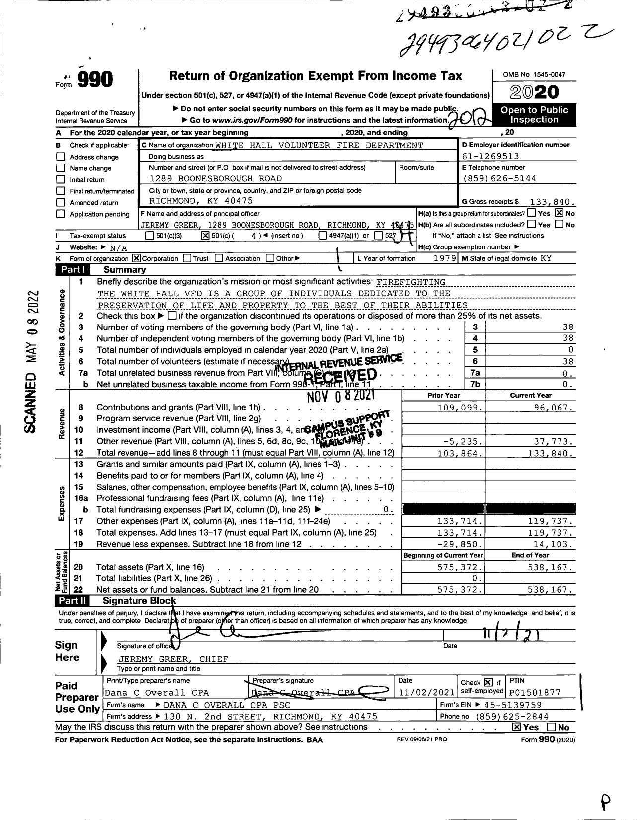 Image of first page of 2020 Form 990O for White Hall Volunteer Fire Department