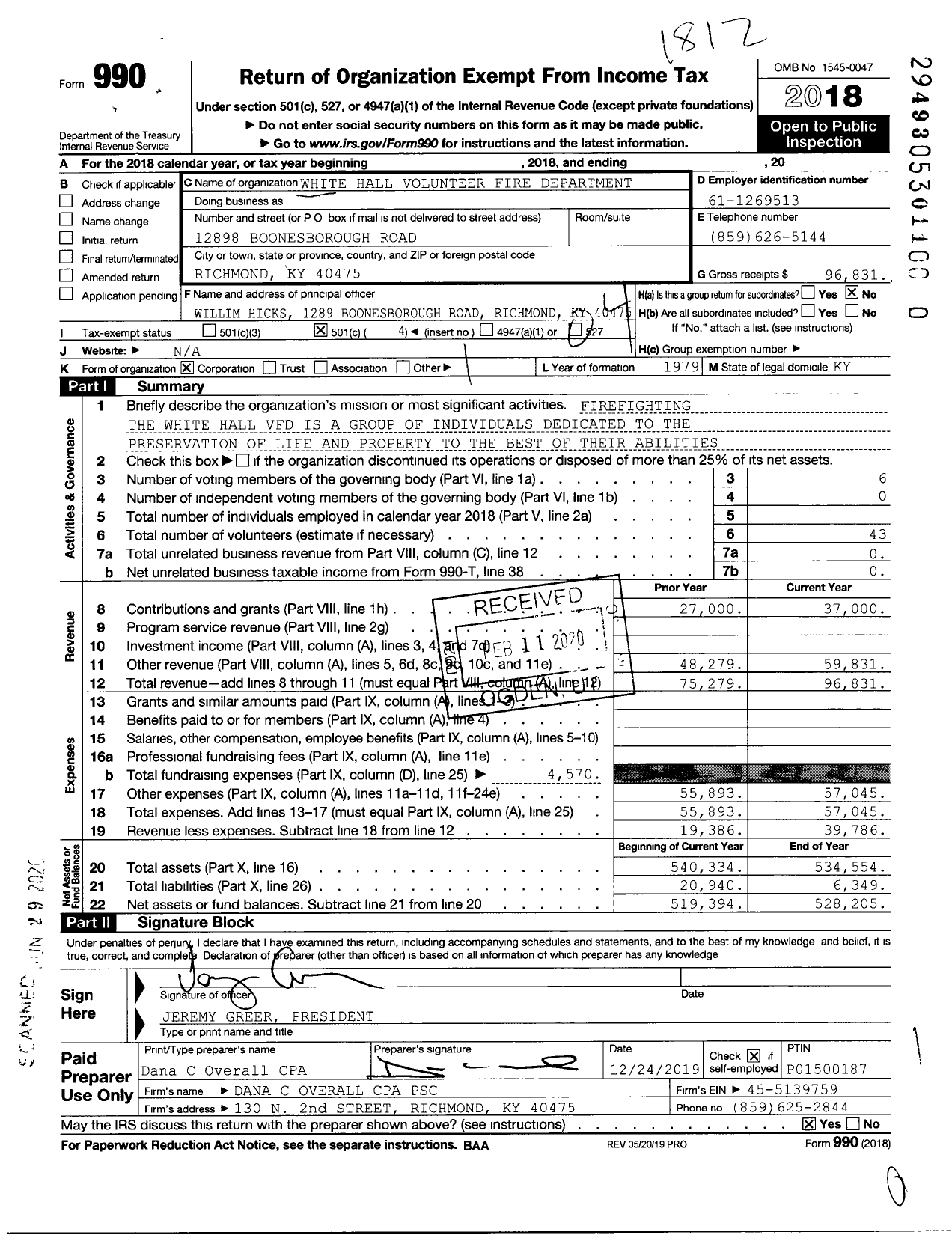 Image of first page of 2018 Form 990O for White Hall Volunteer Fire Department