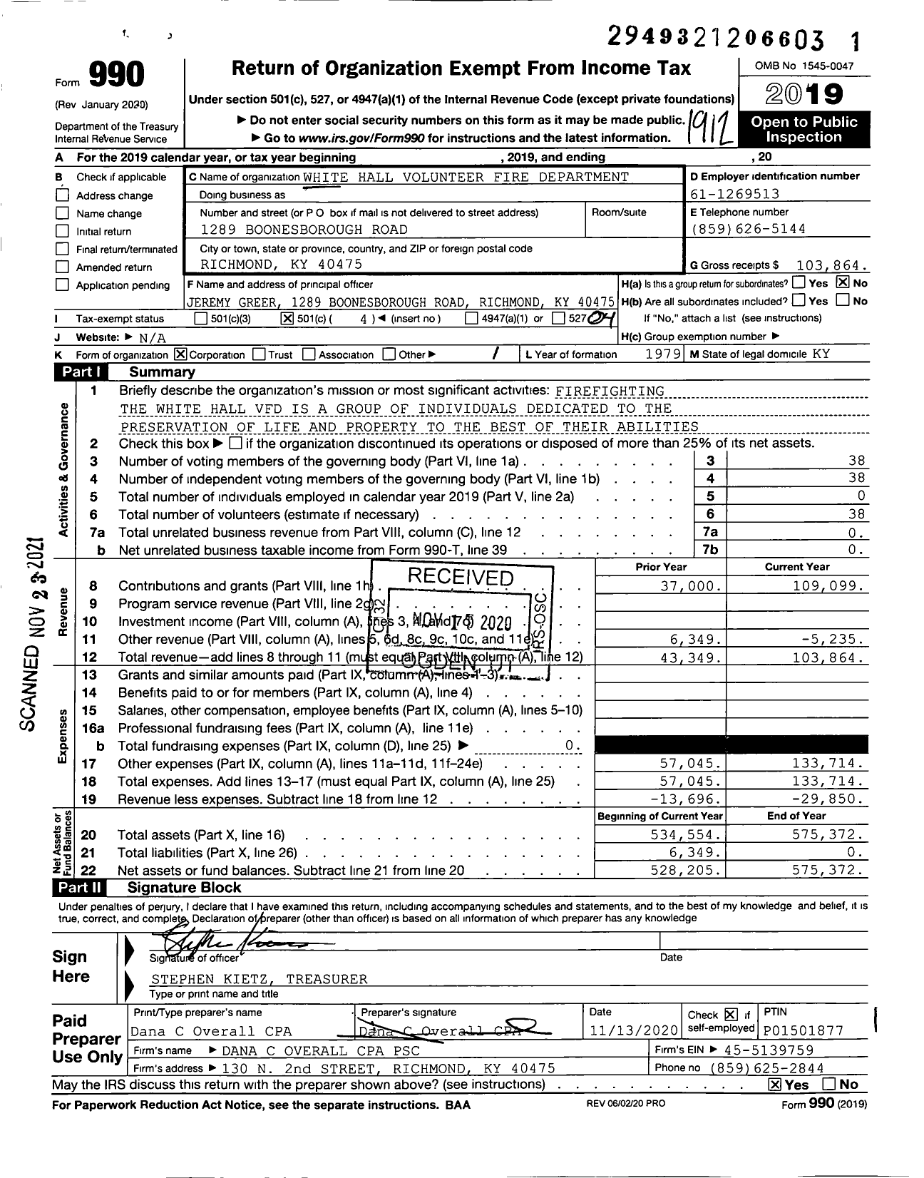 Image of first page of 2019 Form 990O for White Hall Volunteer Fire Department