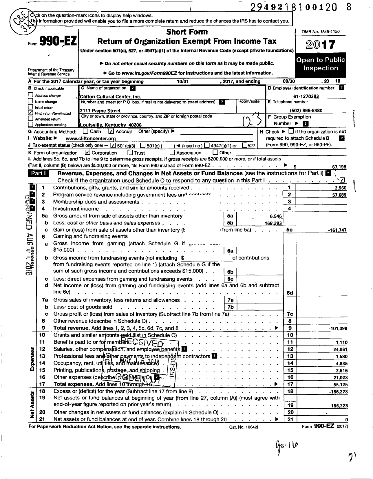 Image of first page of 2017 Form 990EZ for Clifton Cultural Center