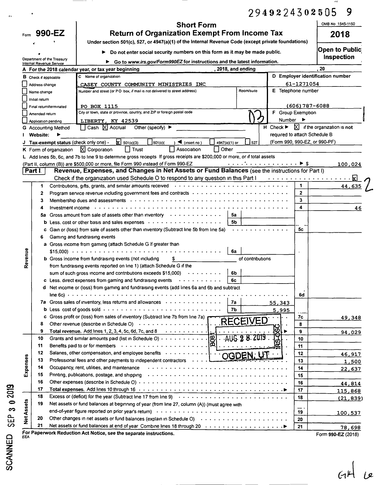 Image of first page of 2018 Form 990EZ for Casey County Community Ministries