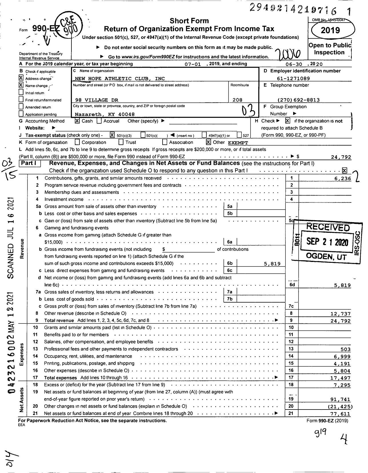 Image of first page of 2019 Form 990EZ for New Hope Athletic Club