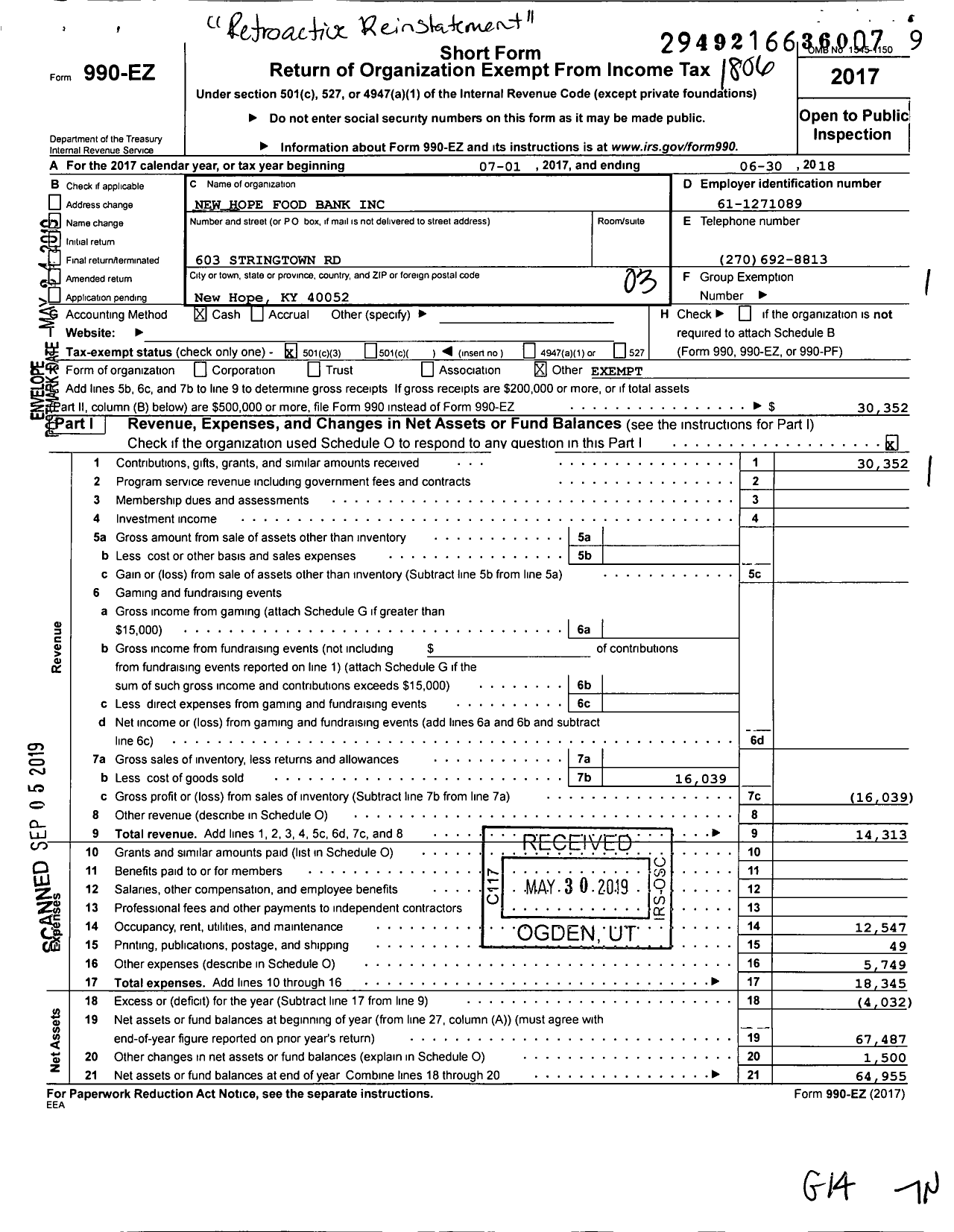 Image of first page of 2017 Form 990EZ for New Hope Athletic Club