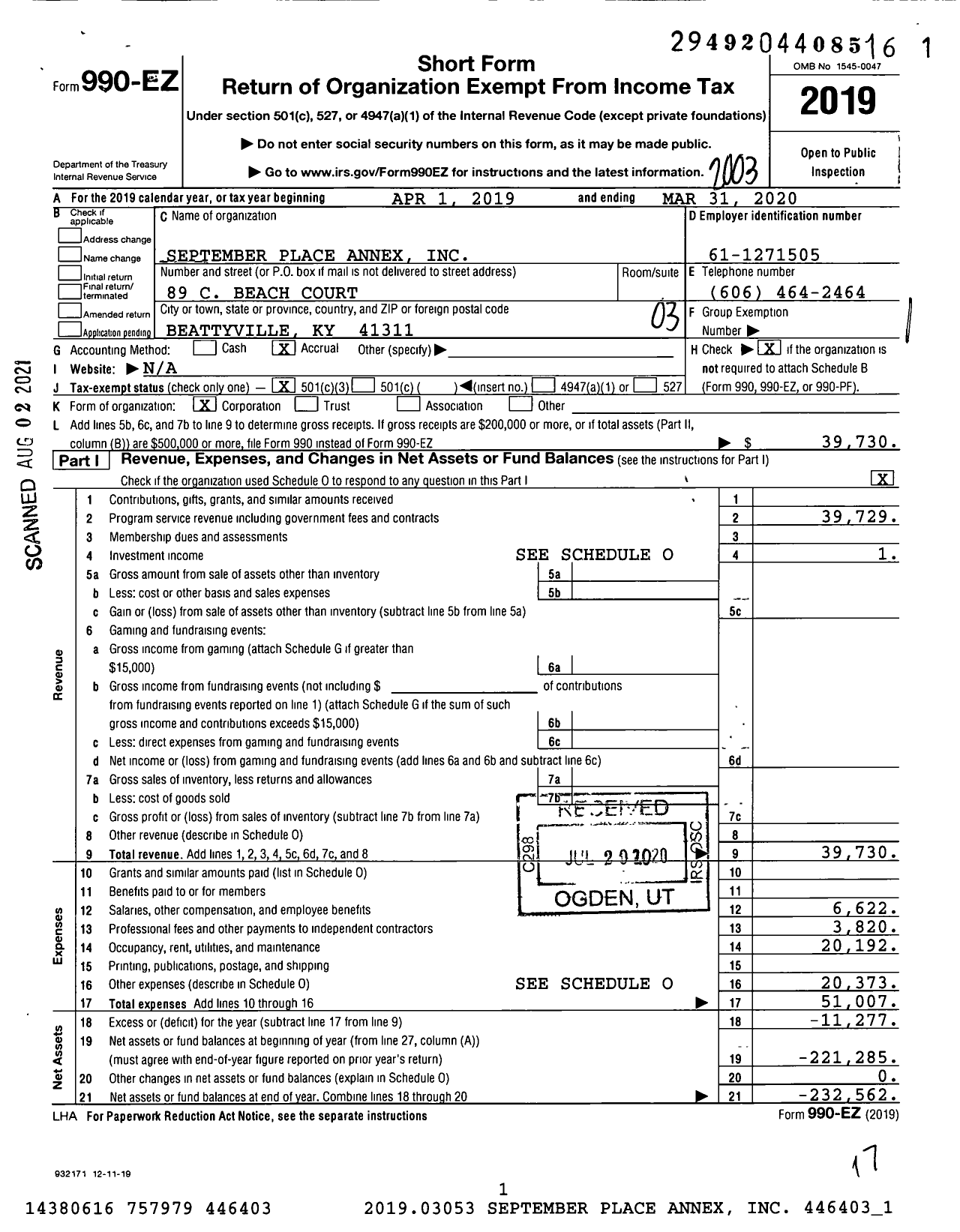 Image of first page of 2019 Form 990EZ for September Place Annex