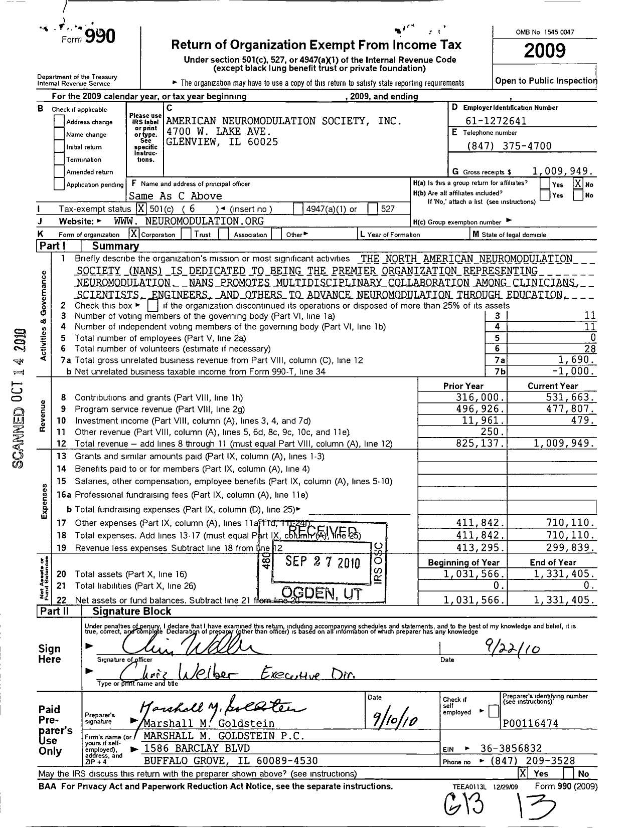 Image of first page of 2009 Form 990O for American Neuromodulation Society