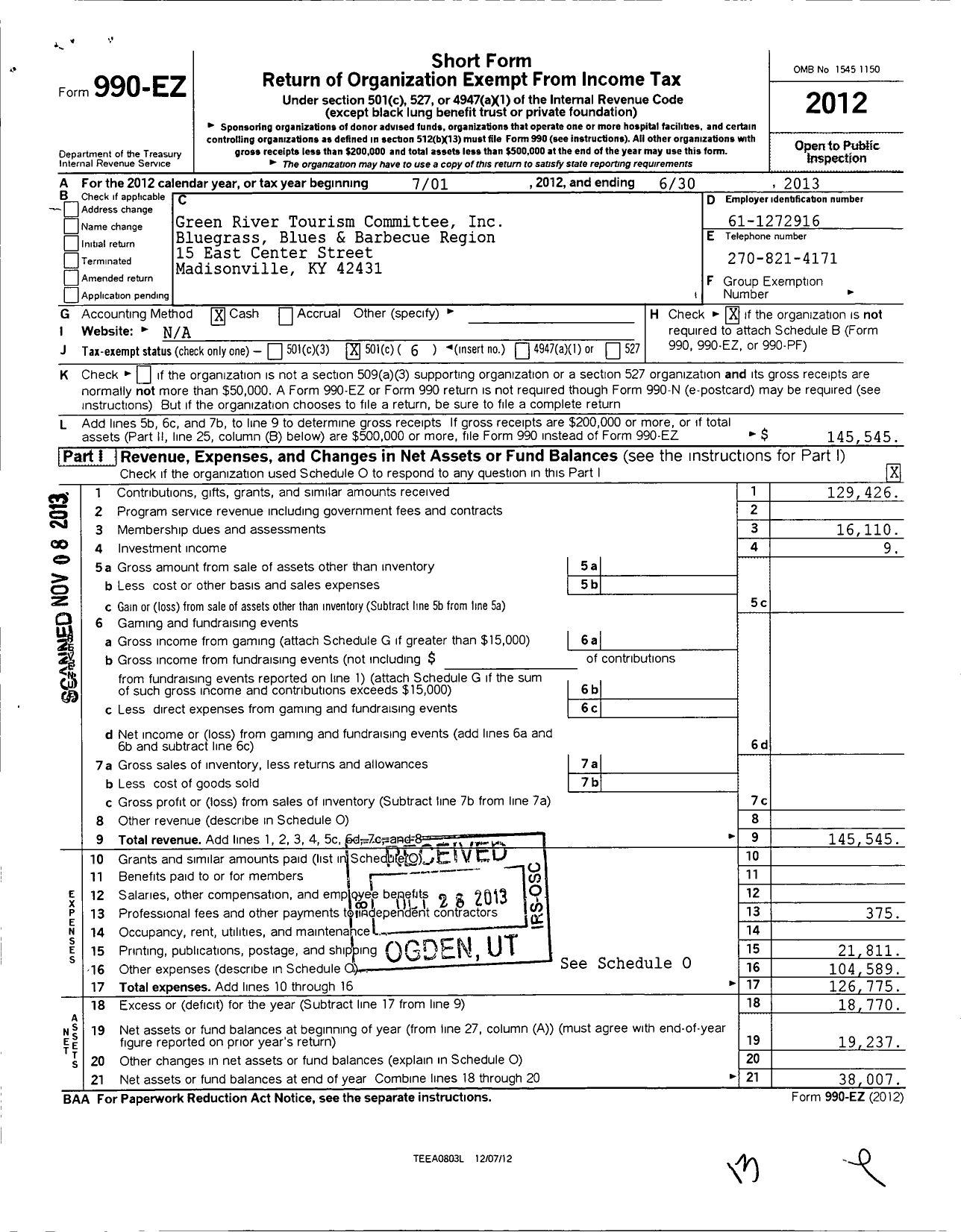 Image of first page of 2012 Form 990EO for Green River Tourism Committe