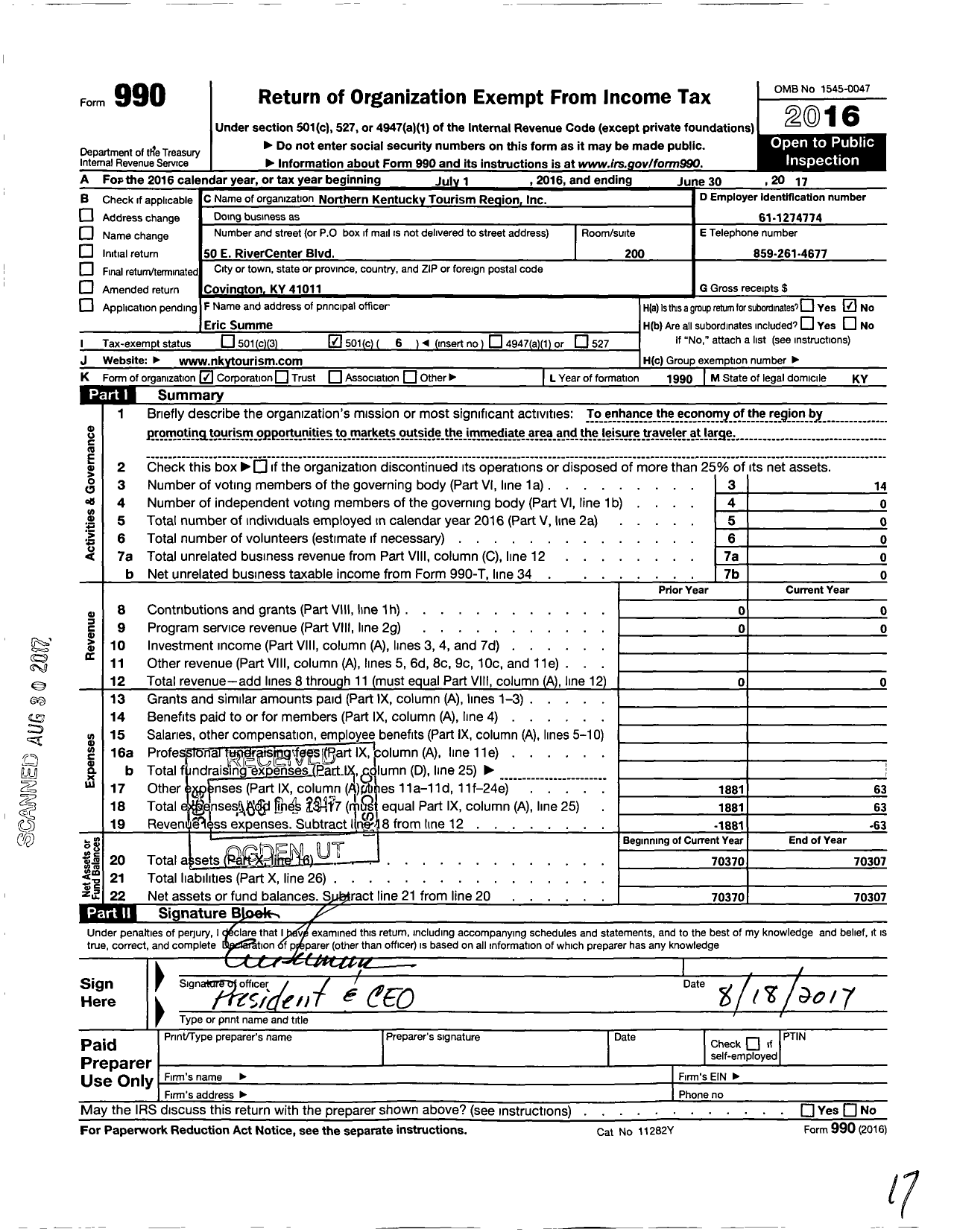 Image of first page of 2016 Form 990O for Northern Kentucky Tourism Region