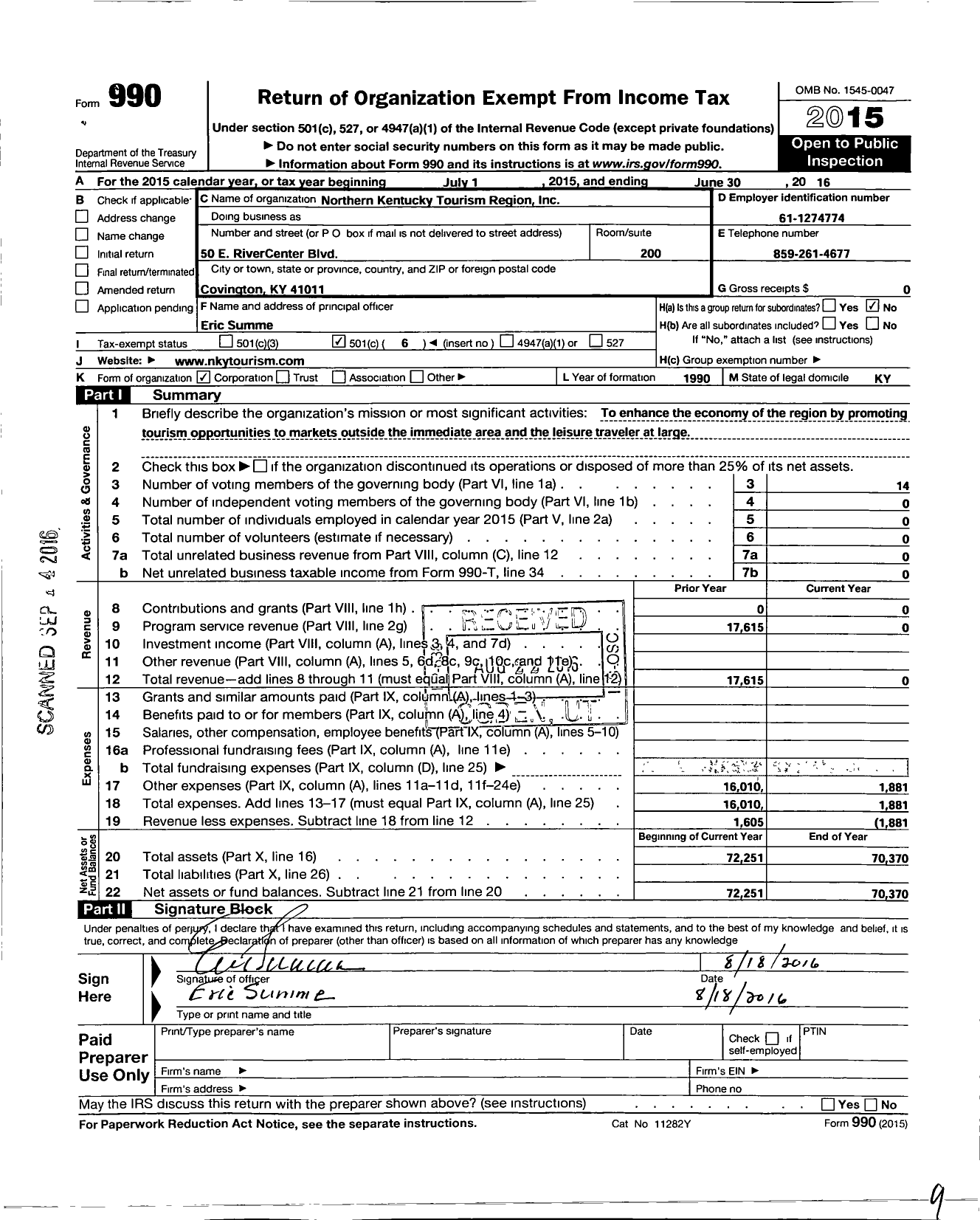 Image of first page of 2015 Form 990O for Northern Kentucky Tourism Region