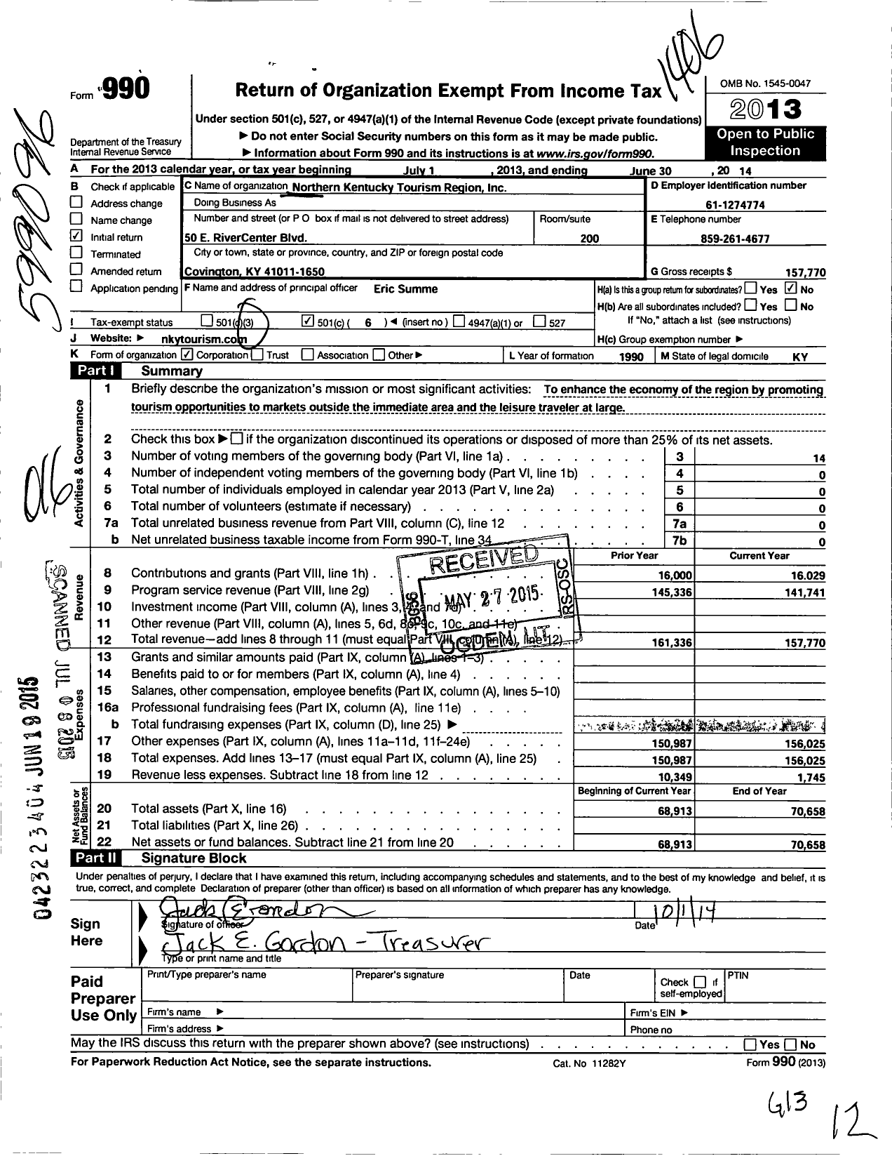 Image of first page of 2013 Form 990O for Northern Kentucky Tourism Region