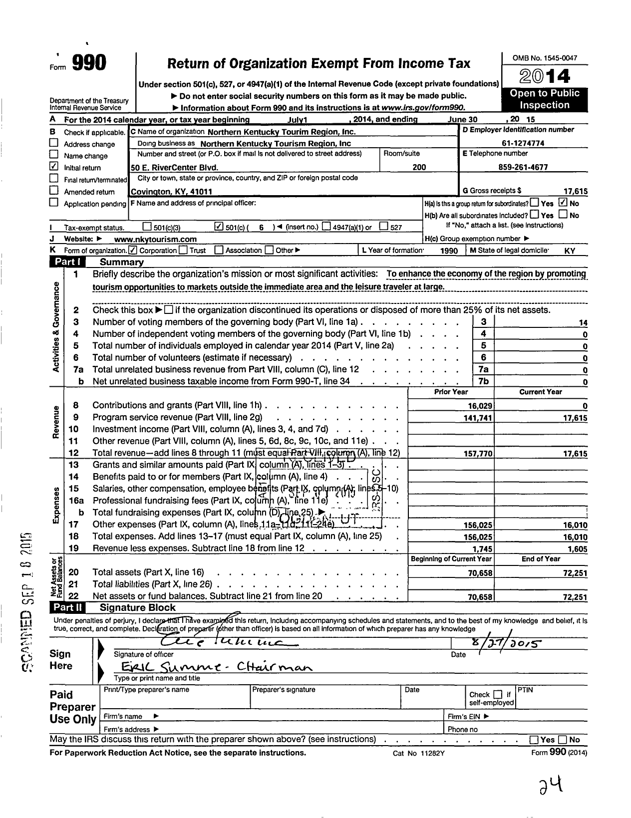 Image of first page of 2014 Form 990O for Northern Kentucky Tourism Region