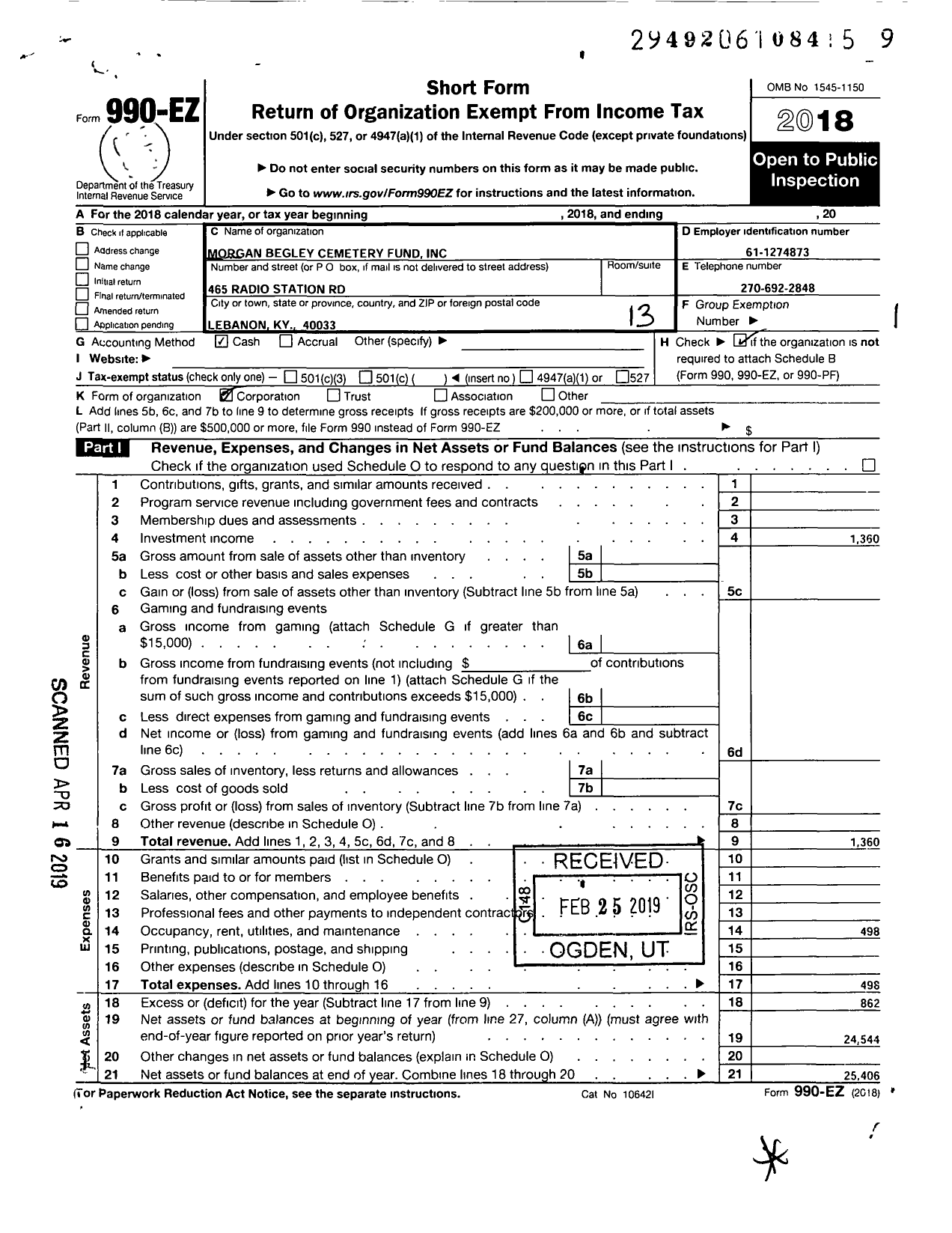 Image of first page of 2018 Form 990EO for Morgan Megley Cemetery Fund