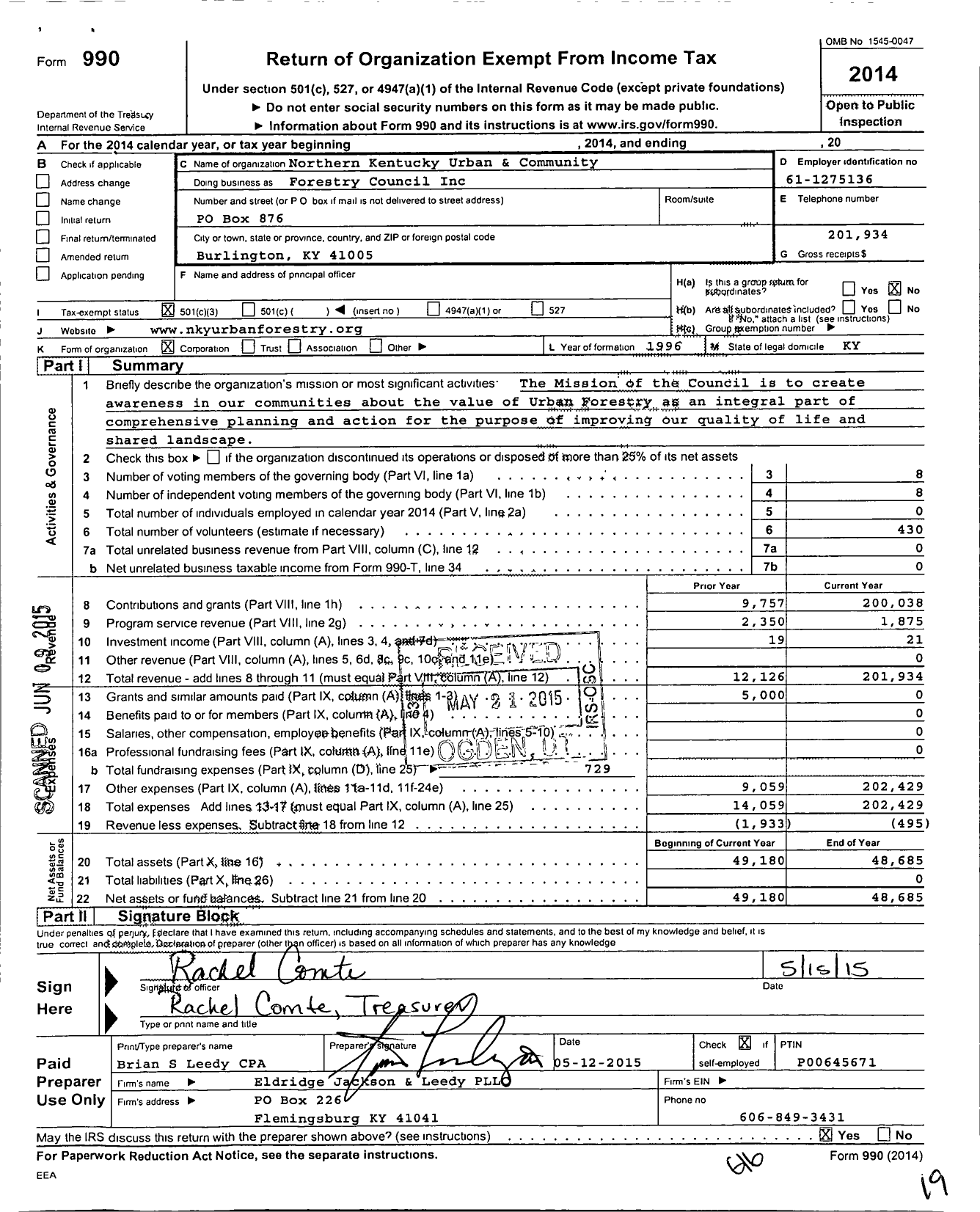 Image of first page of 2014 Form 990 for Northern Kentucky Urban and Community Forestry Council