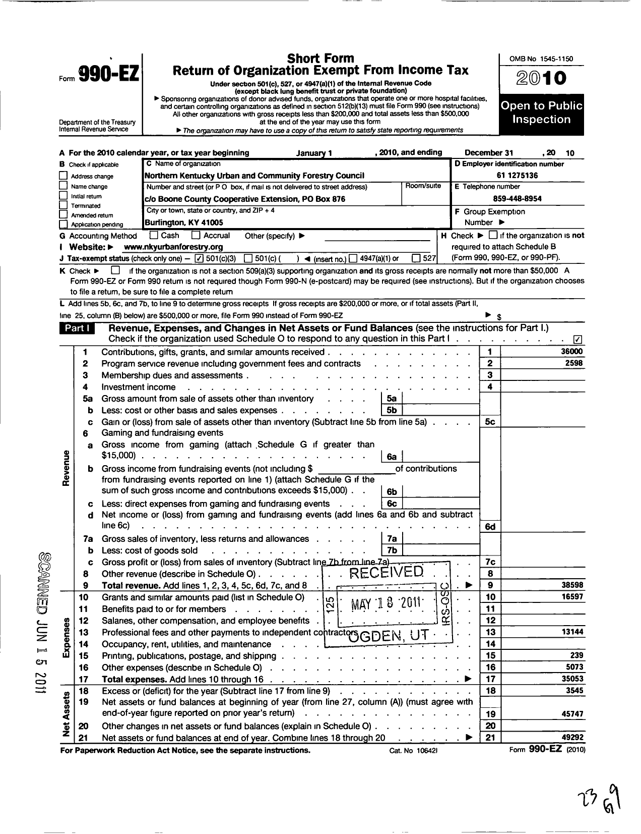 Image of first page of 2010 Form 990EZ for Northern Kentucky Urban and Community Forestry Council