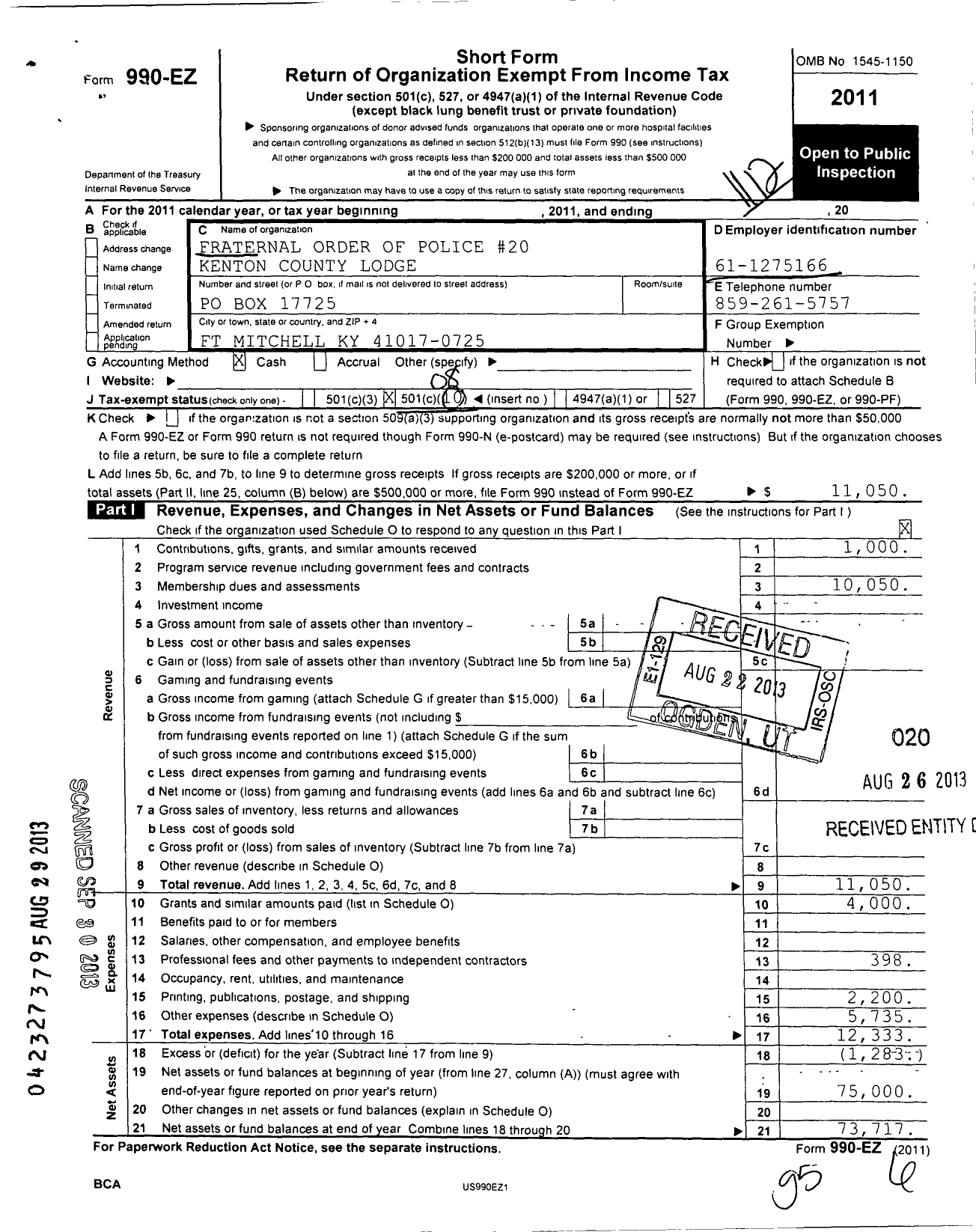 Image of first page of 2011 Form 990EO for Fraternal Order of Police - 20 Kenton County Lodge