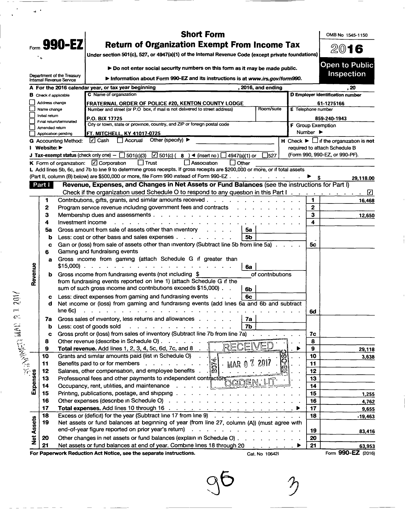 Image of first page of 2016 Form 990EO for Fraternal Order of Police - 20 Kenton County Lodge