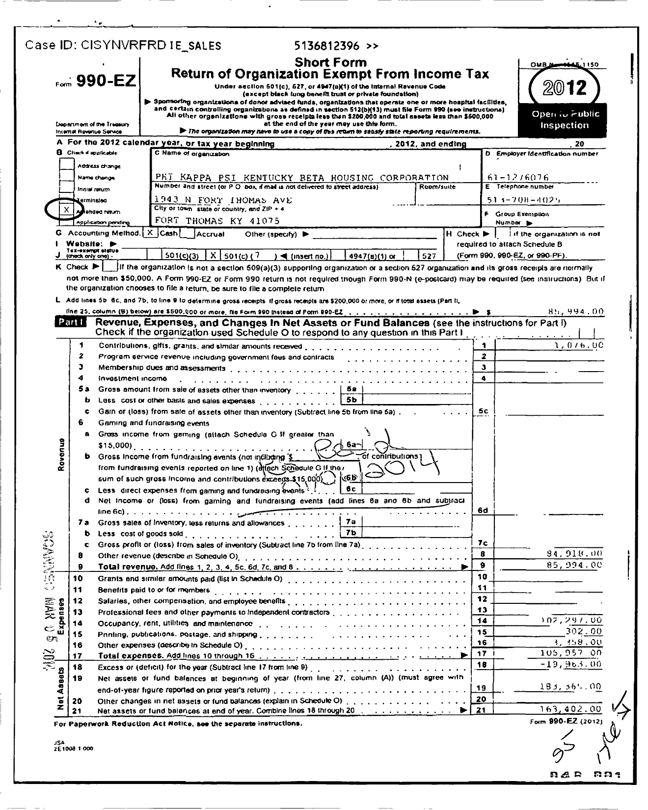 Image of first page of 2012 Form 990EO for Phi Kappa Psi Kentucky Beta Housing Corporation