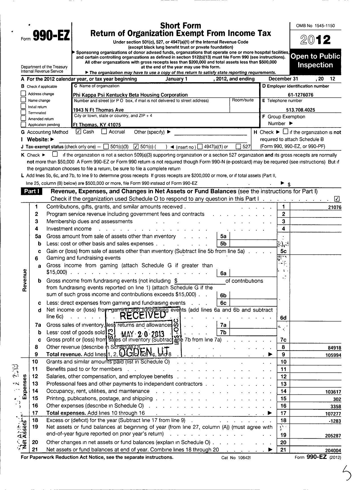 Image of first page of 2012 Form 990EO for Phi Kappa Psi Kentucky Beta Housing Corporation