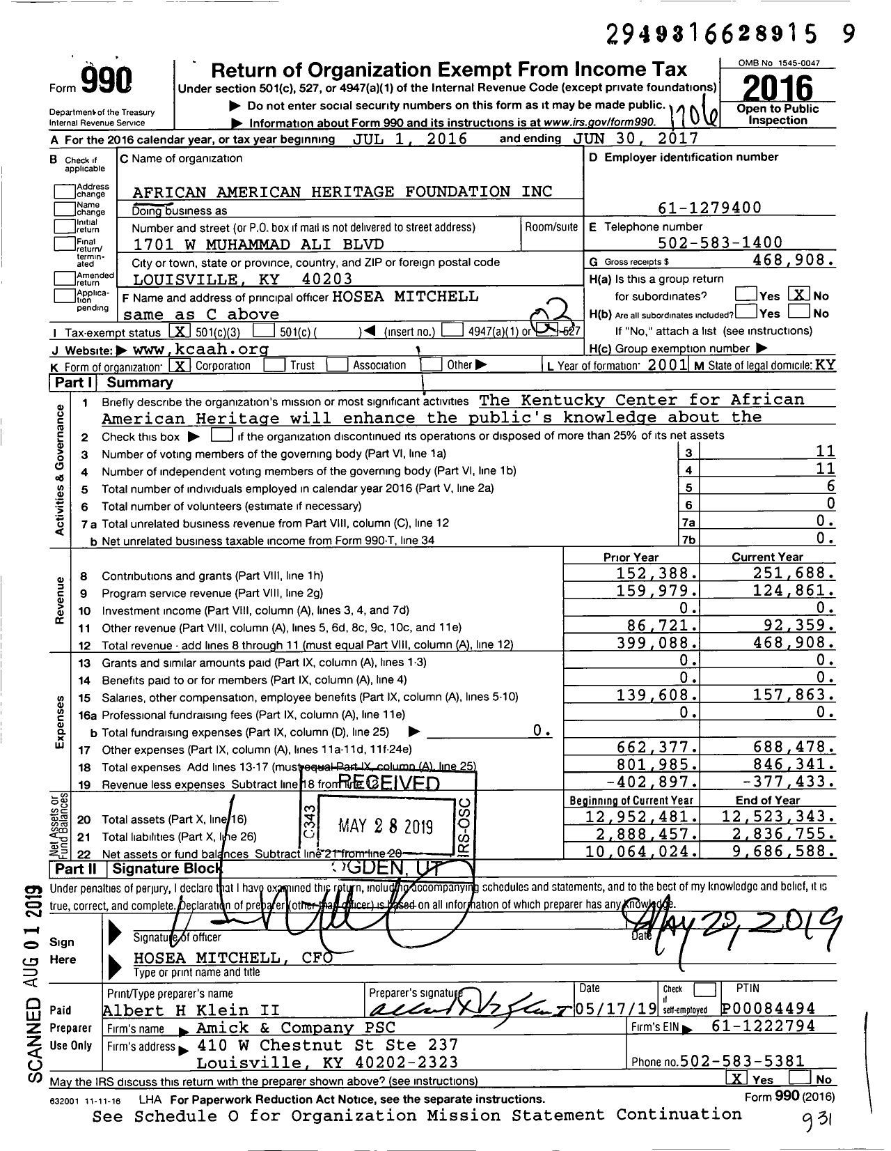 Image of first page of 2016 Form 990 for African American Heritage Foundation