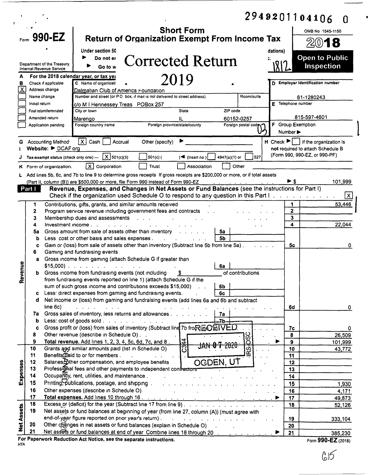 Image of first page of 2018 Form 990EZ for Dalmatian Club of America Foundation