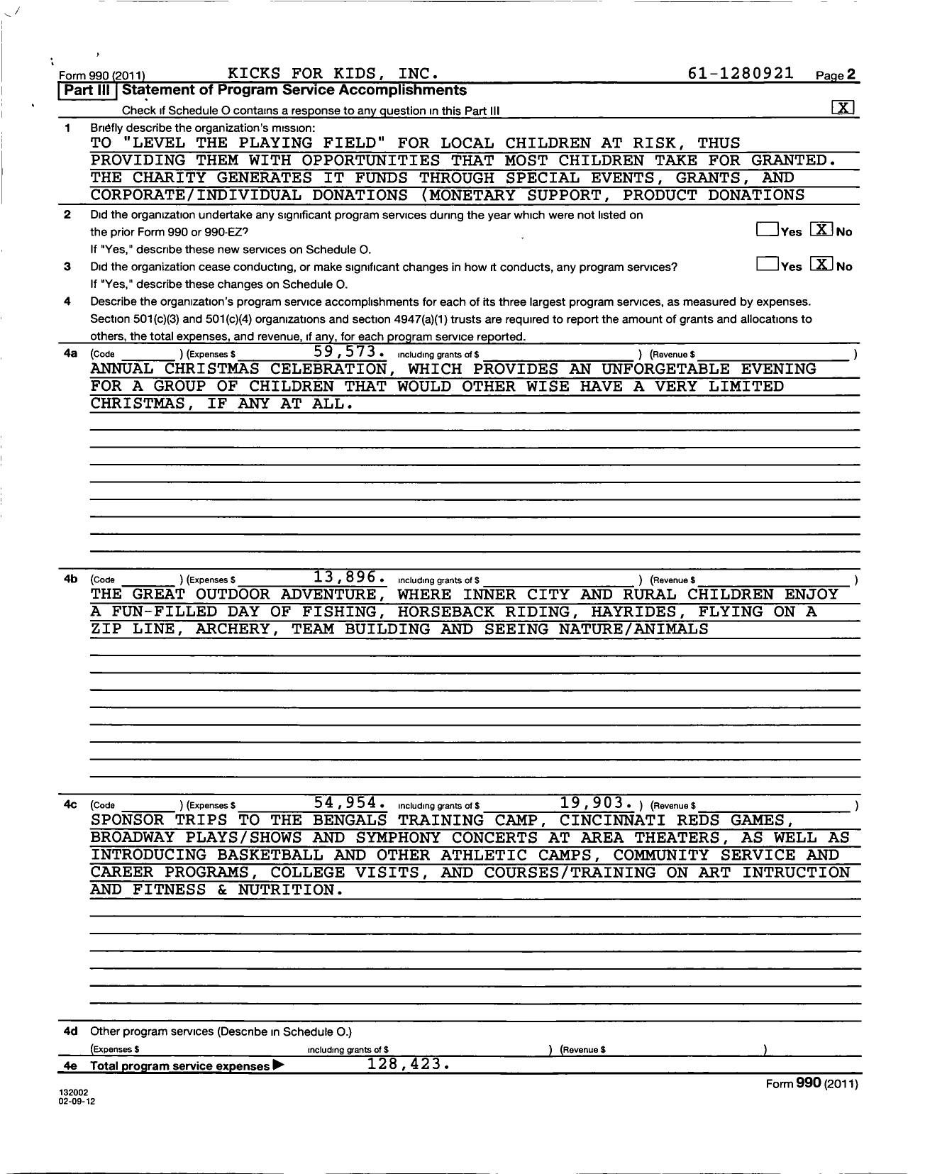Image of first page of 2011 Form 990 for Kicks for Kids