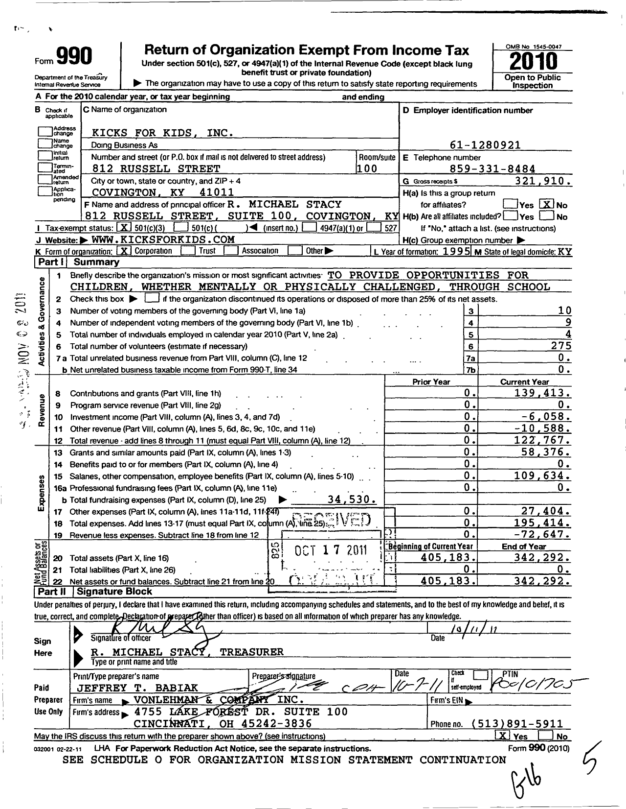 Image of first page of 2010 Form 990 for Kicks for Kids