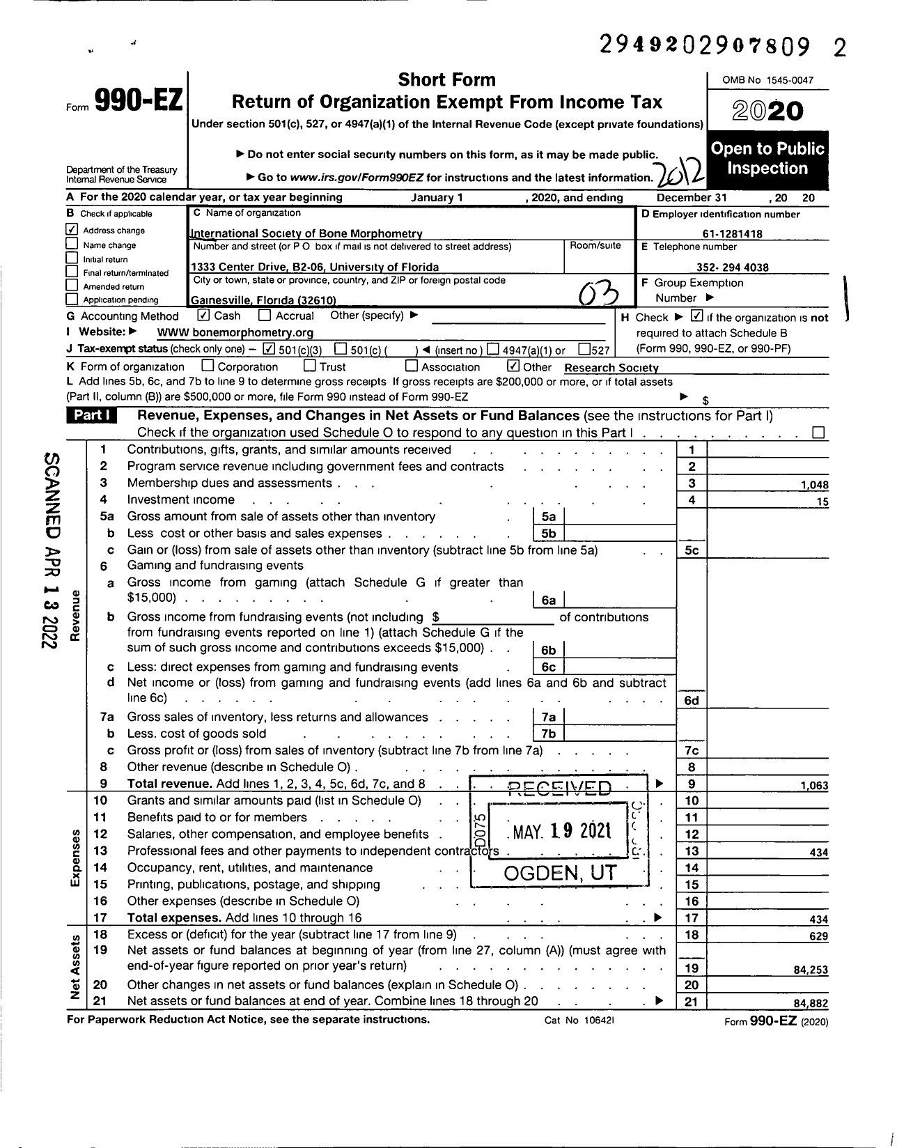 Image of first page of 2020 Form 990EZ for International Society of Bone Morphometry