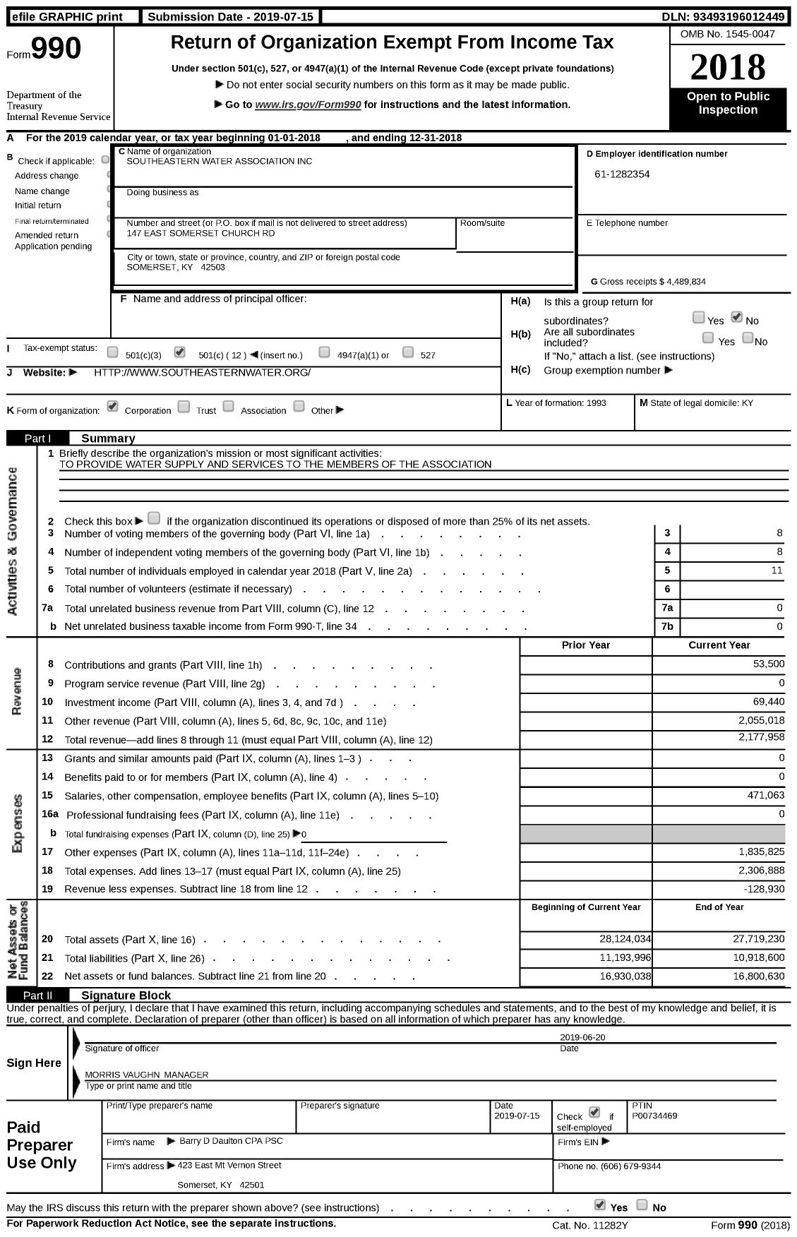 Image of first page of 2018 Form 990 for Southeastern Water Association