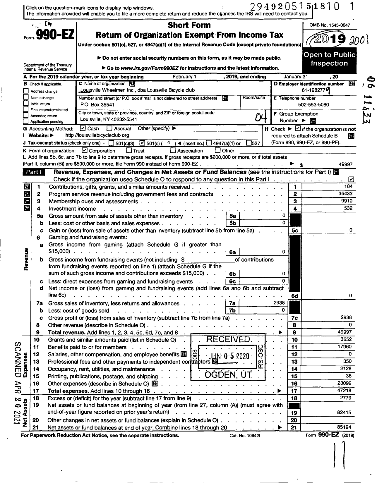 Image of first page of 2019 Form 990EO for Louisville Wheelmen