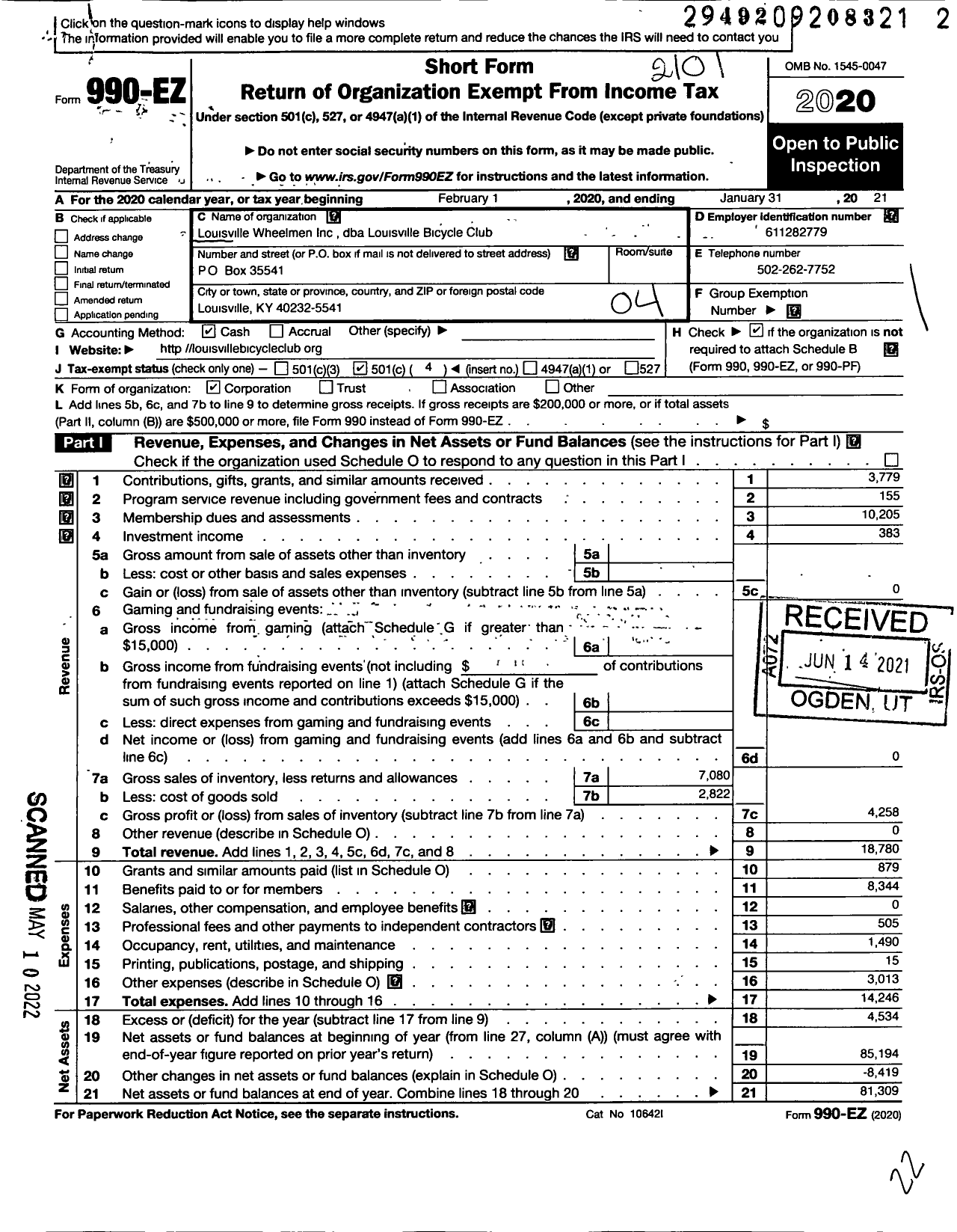 Image of first page of 2020 Form 990EO for Louisville Wheelmen