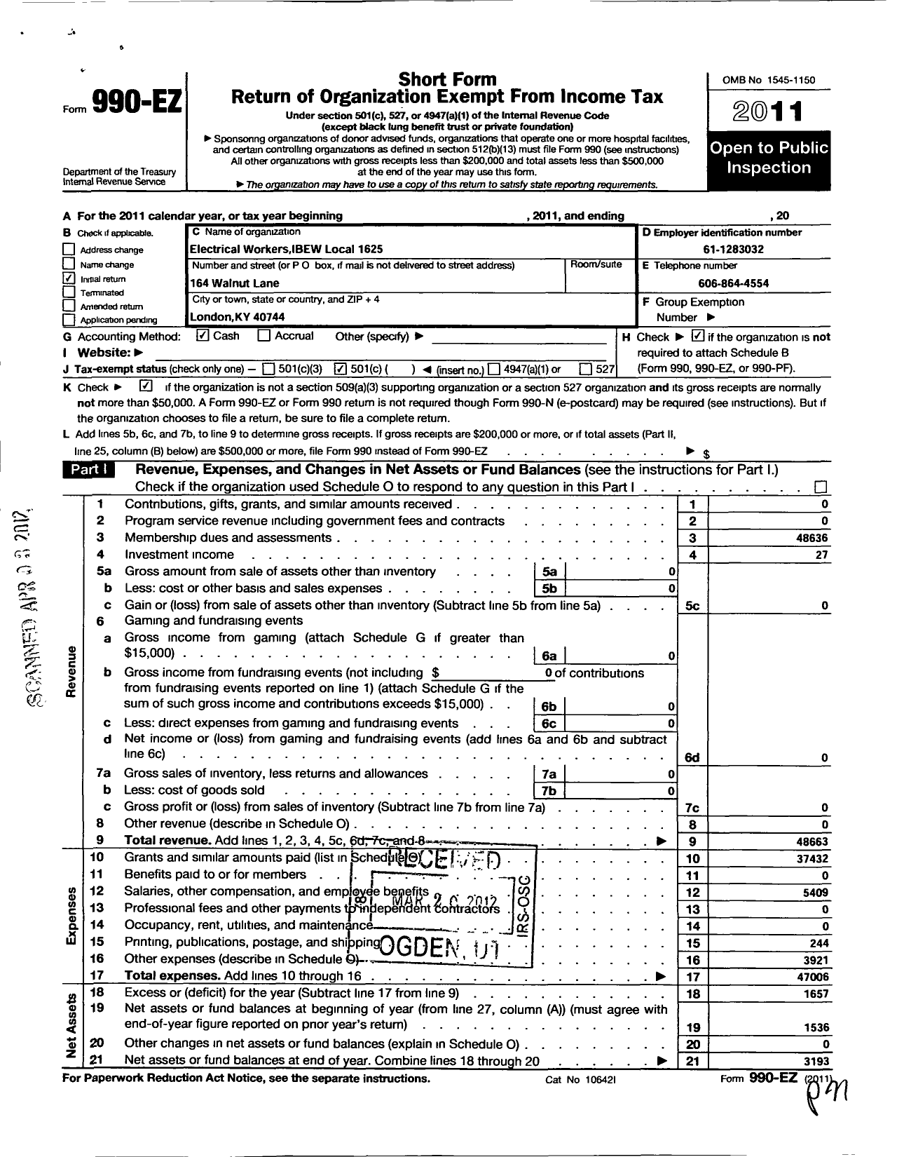 Image of first page of 2011 Form 990EO for International Brotherhood of Electrical Workers