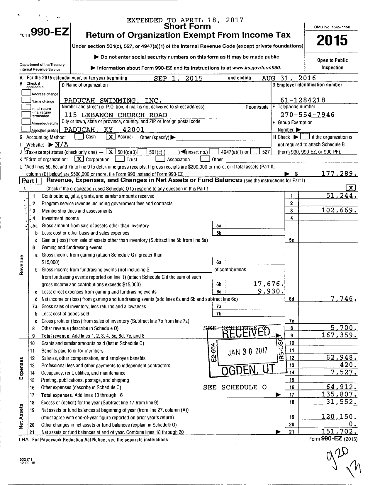 Image of first page of 2015 Form 990EZ for Paducah Swimming Incorporated