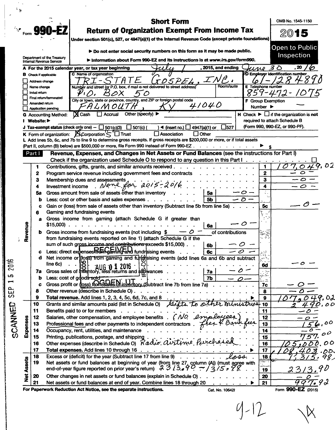 Image of first page of 2015 Form 990EO for Tri-State Gospel