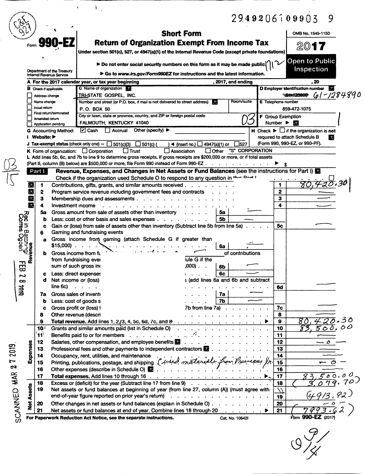 Image of first page of 2017 Form 990EZ for Tri-State Gospel