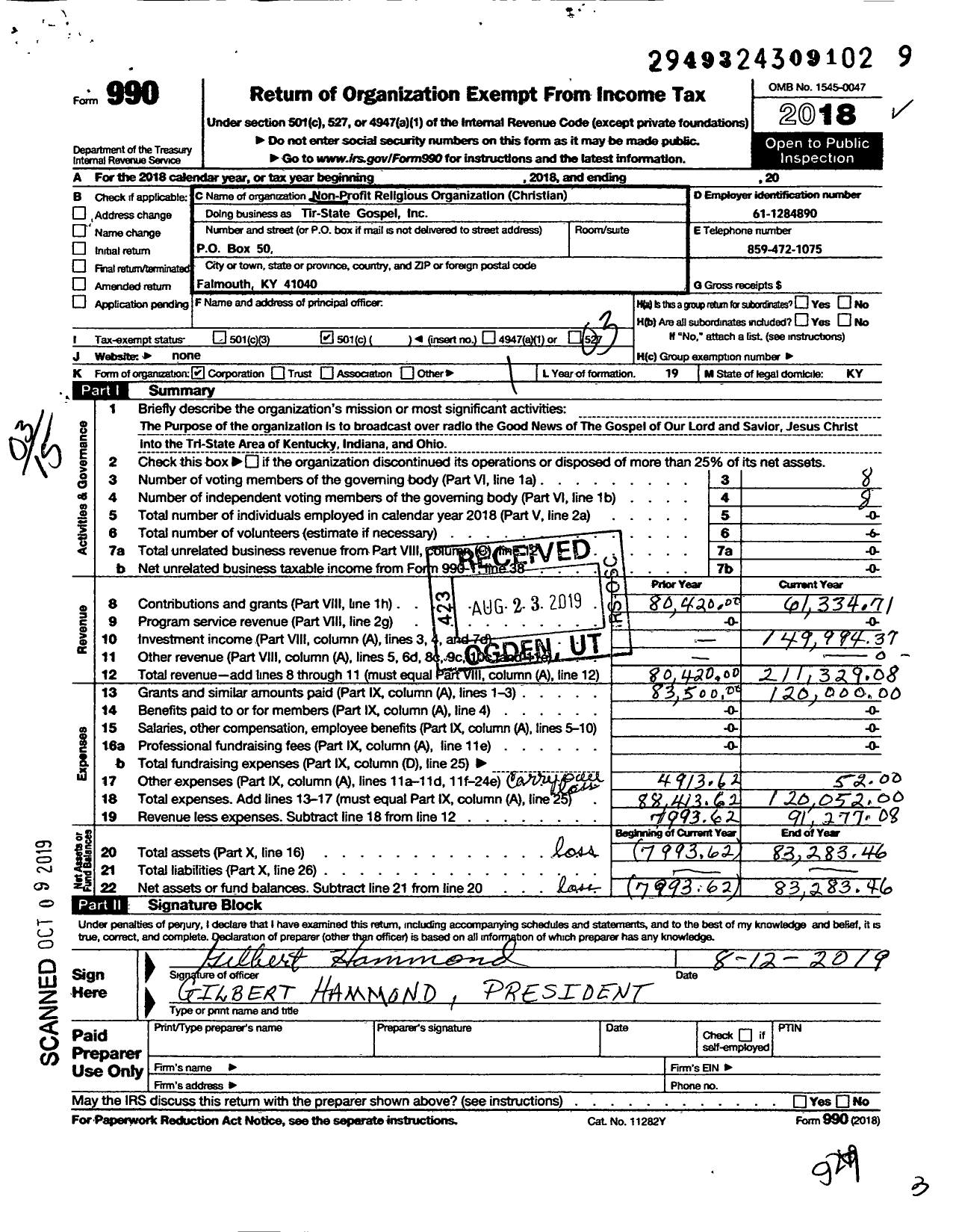 Image of first page of 2018 Form 990 for Tri-State Gospel