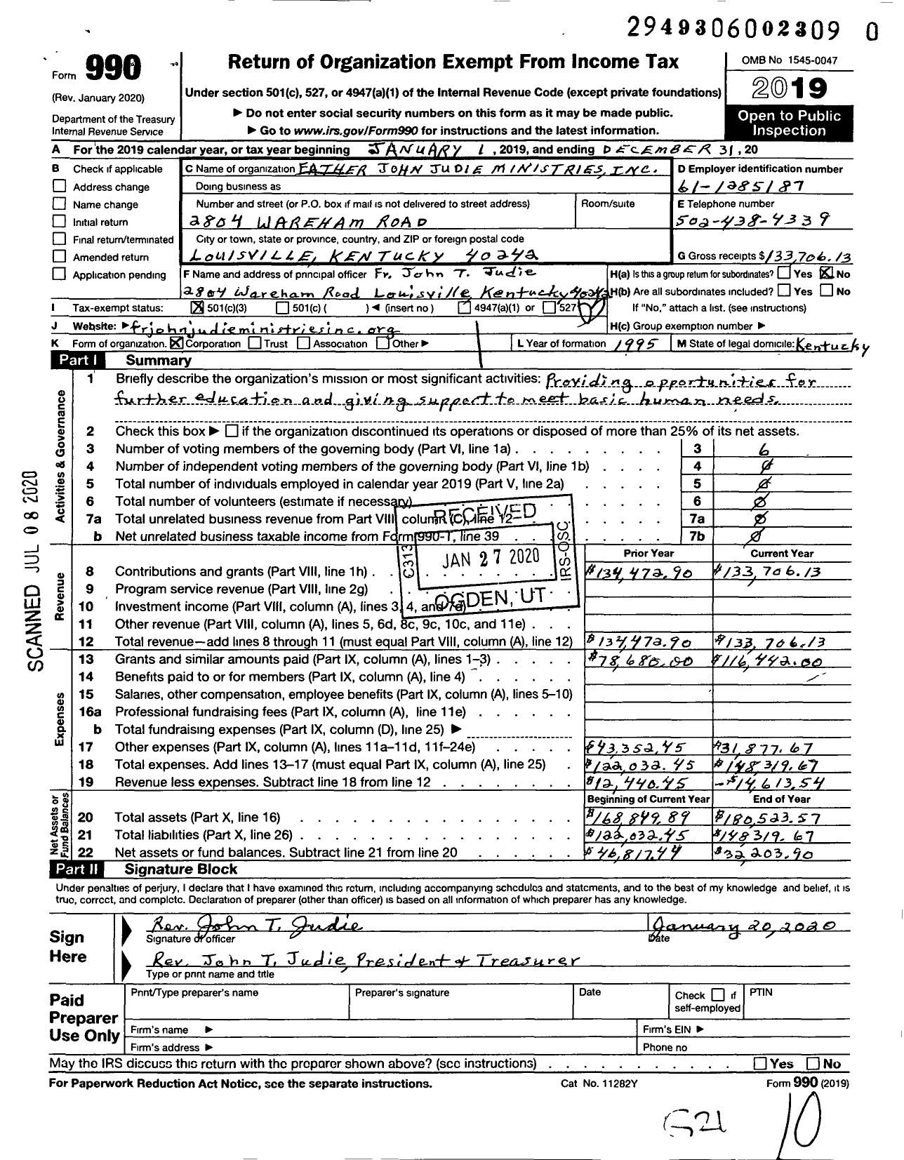 Image of first page of 2019 Form 990 for Father John Judie Ministries