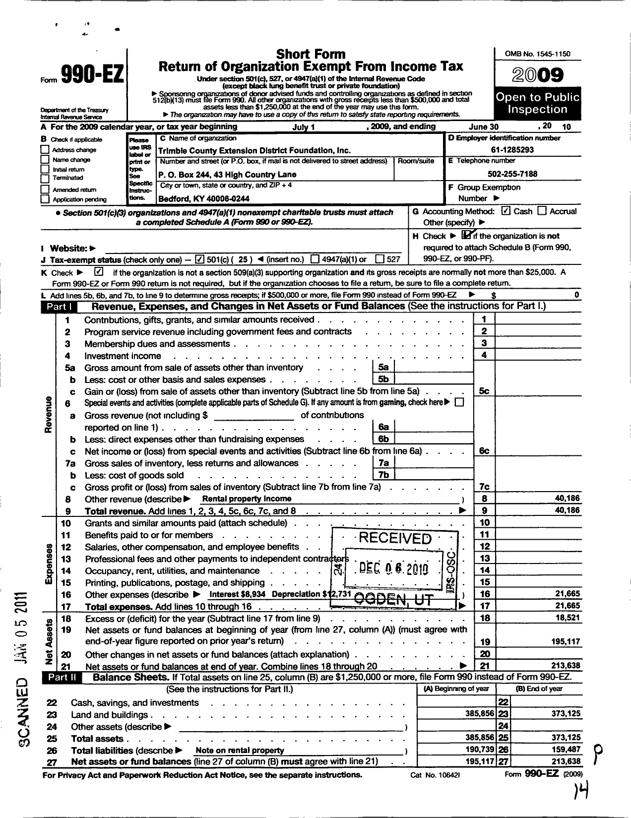 Image of first page of 2009 Form 990EO for Trimble County Extention District Foundation