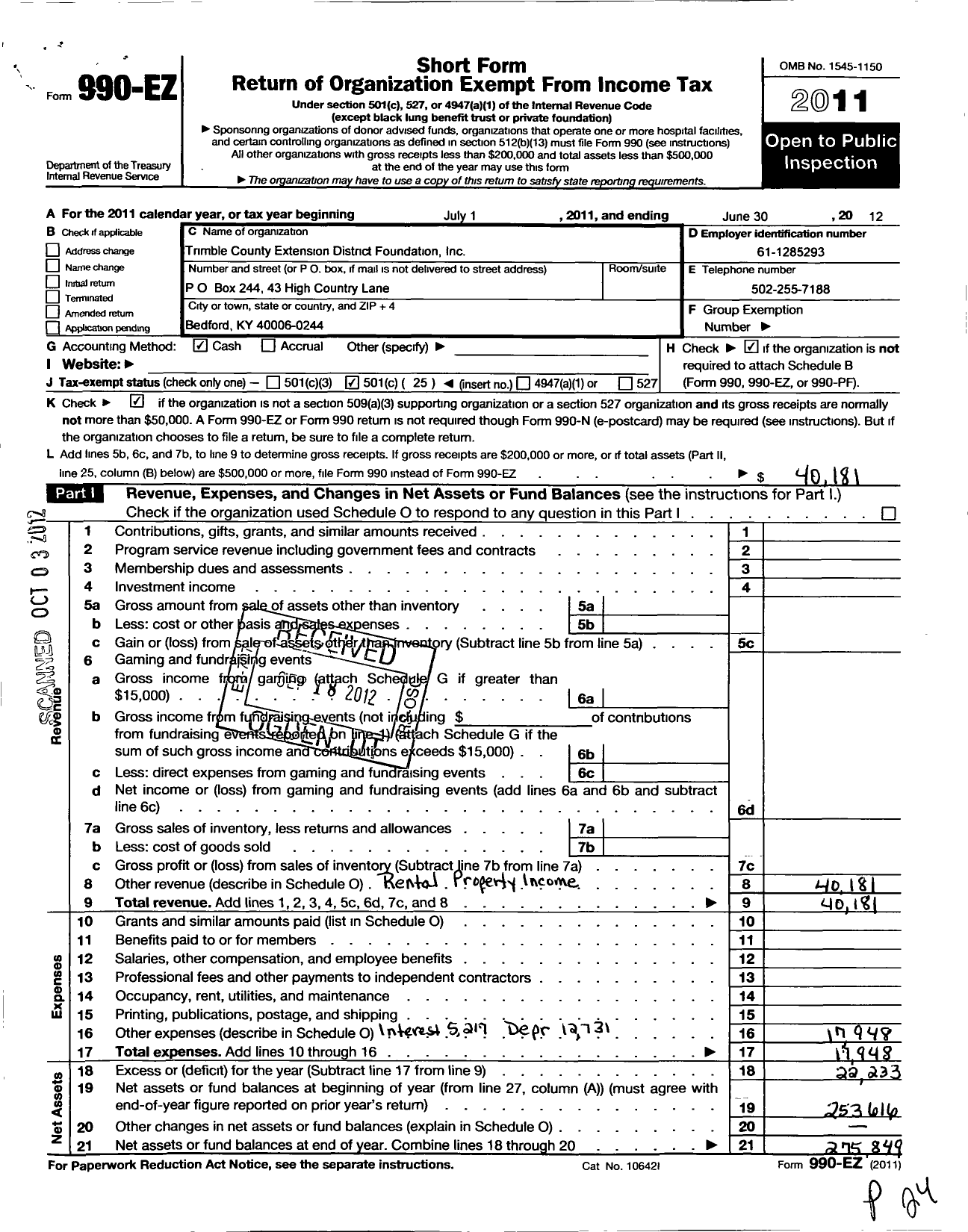 Image of first page of 2011 Form 990EO for Trimble County Extention District Foundation