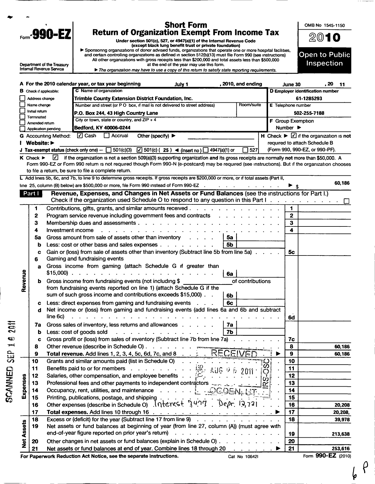 Image of first page of 2010 Form 990EO for Trimble County Extention District Foundation