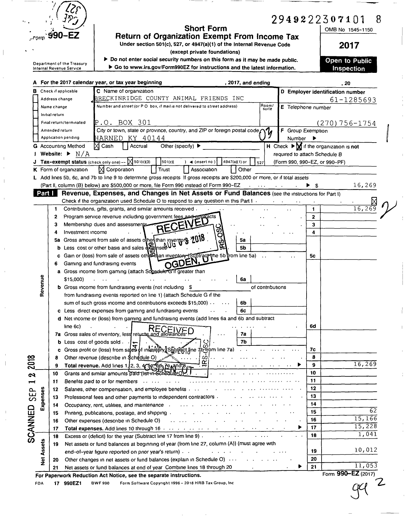 Image of first page of 2017 Form 990EZ for Breck County Animal Friends