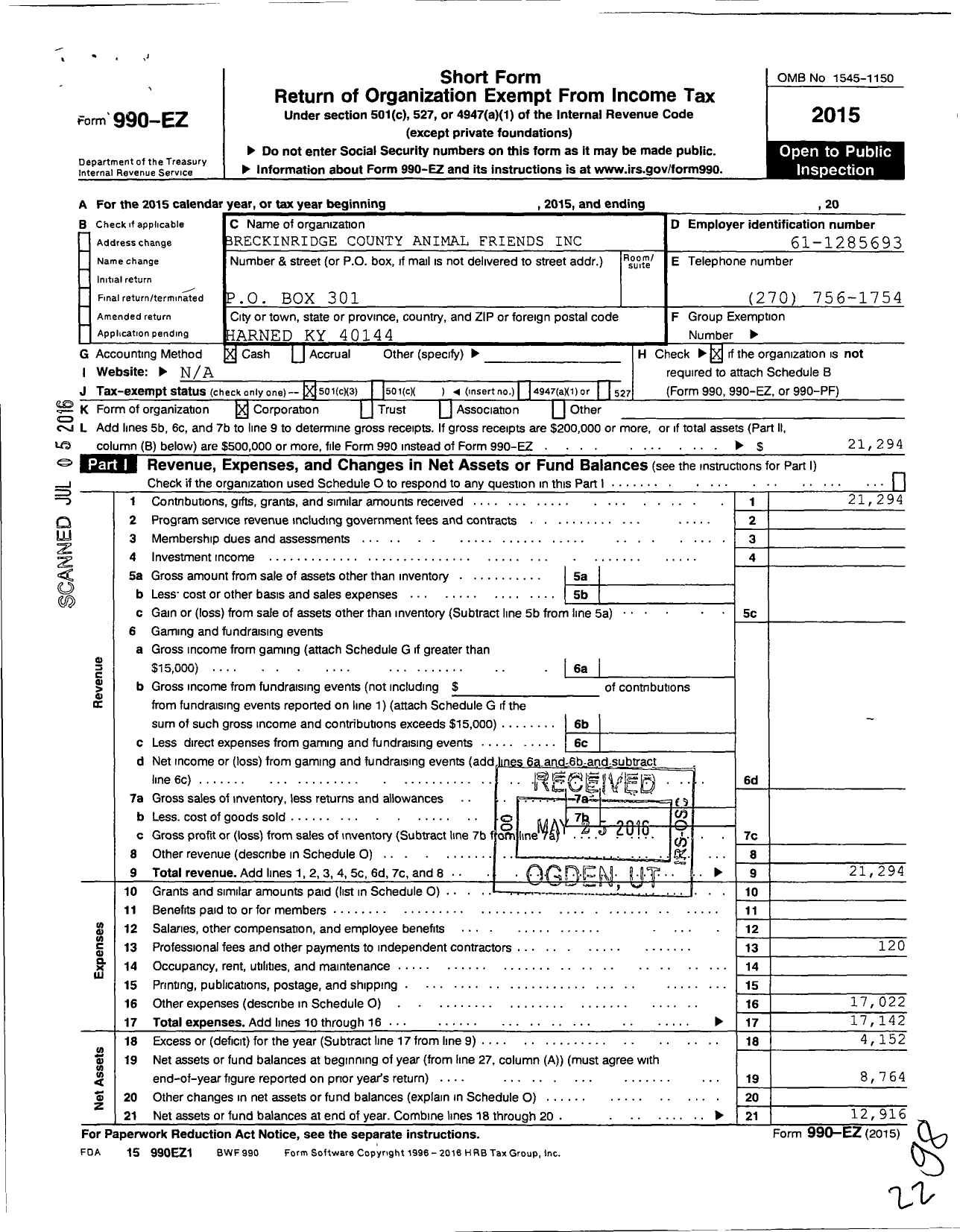 Image of first page of 2015 Form 990EZ for Breck County Animal Friends