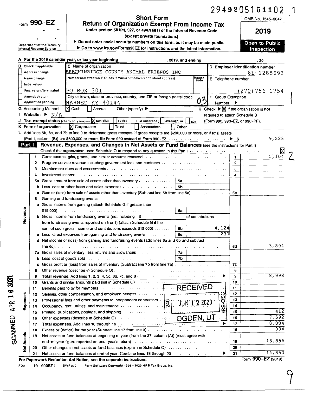 Image of first page of 2019 Form 990EZ for Breck County Animal Friends