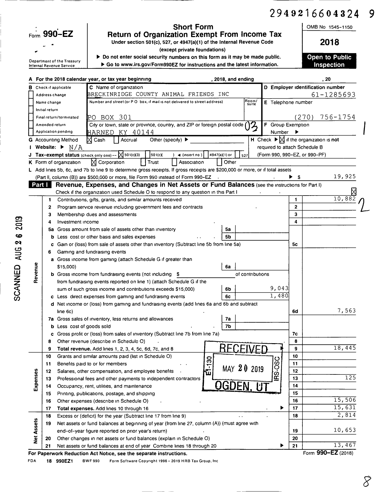 Image of first page of 2018 Form 990EZ for Breck County Animal Friends