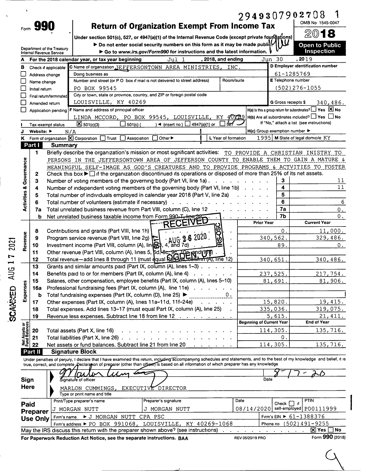 Image of first page of 2018 Form 990 for Jeffersontown Area Ministries (JAM)