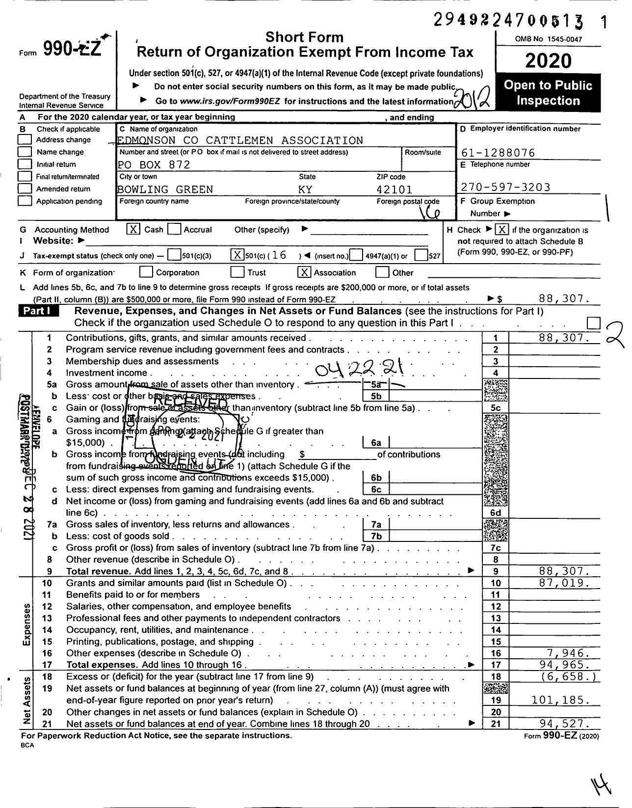 Image of first page of 2020 Form 990EO for Edmonson Couty Cattleman Association