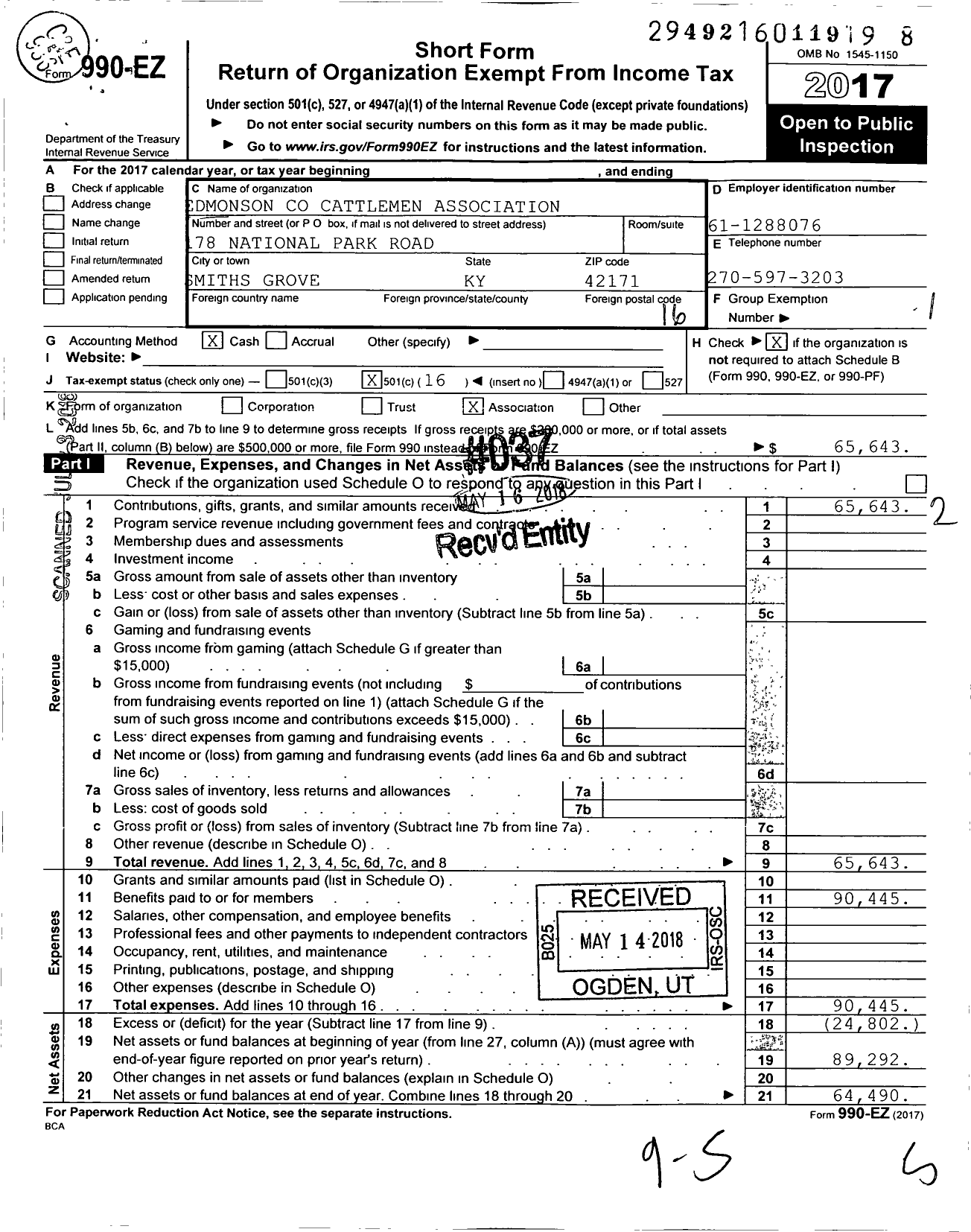 Image of first page of 2017 Form 990EO for Edmonson Couty Cattleman Association