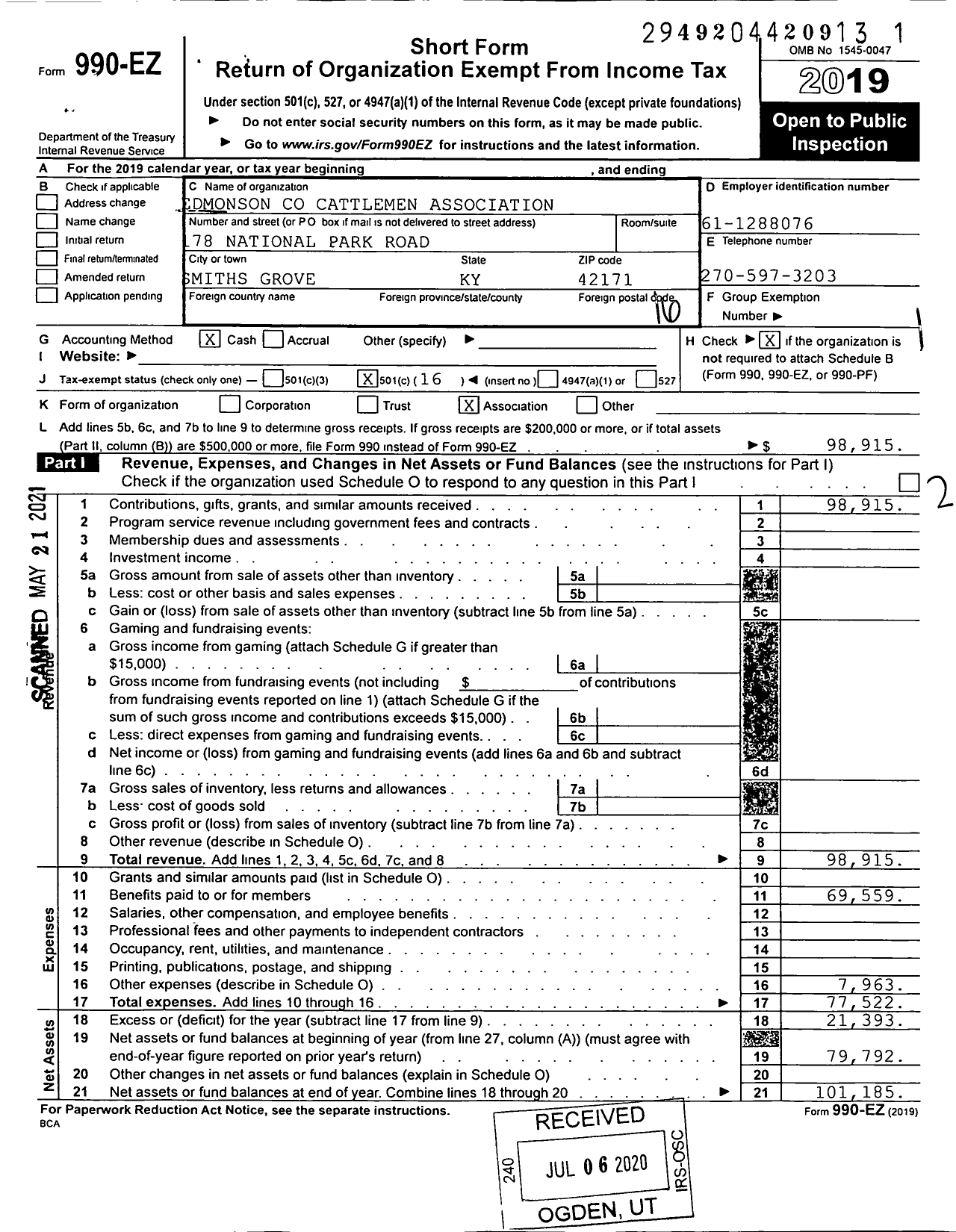 Image of first page of 2019 Form 990EO for Edmonson Couty Cattleman Association