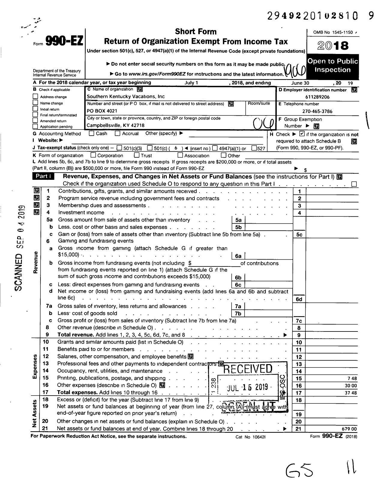 Image of first page of 2018 Form 990EO for Southern Kentucky Vacations