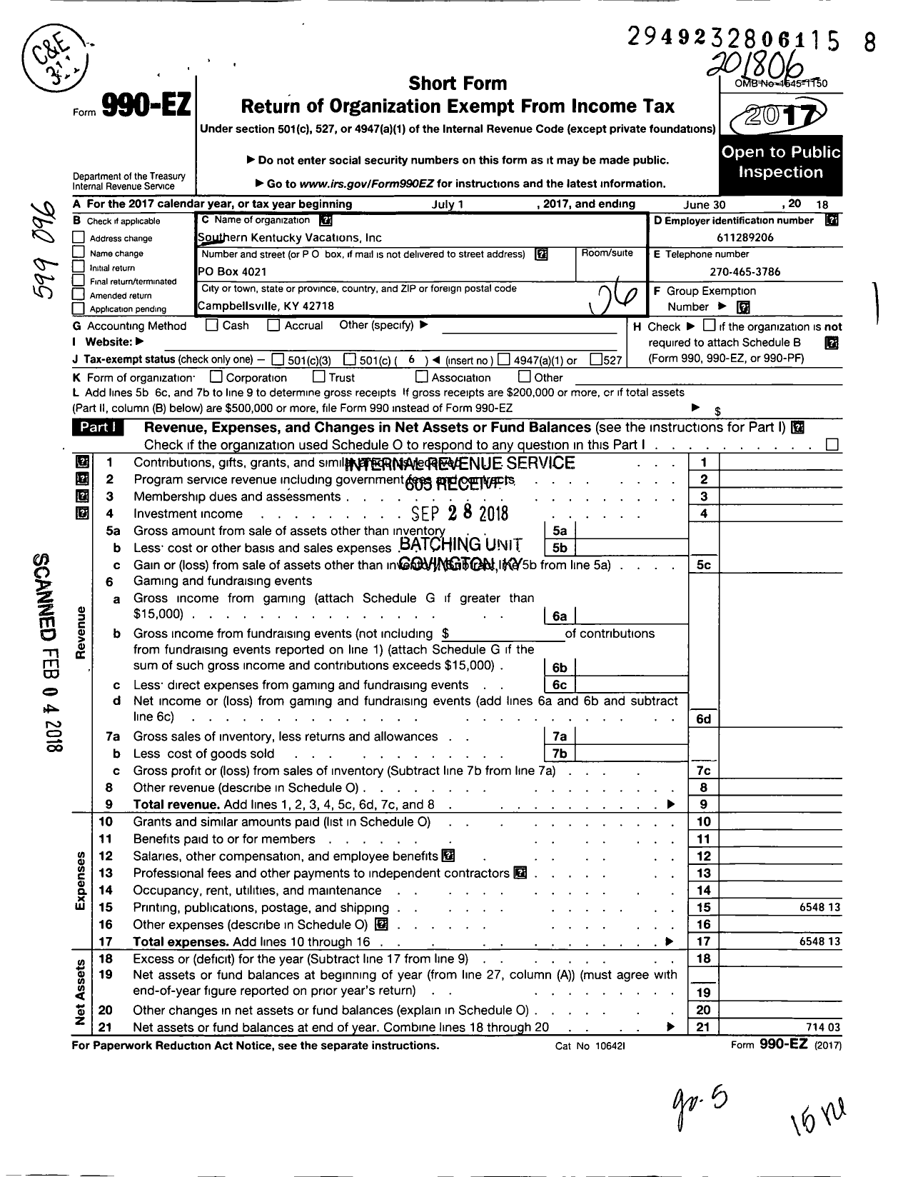 Image of first page of 2017 Form 990EO for Southern Kentucky Vacations